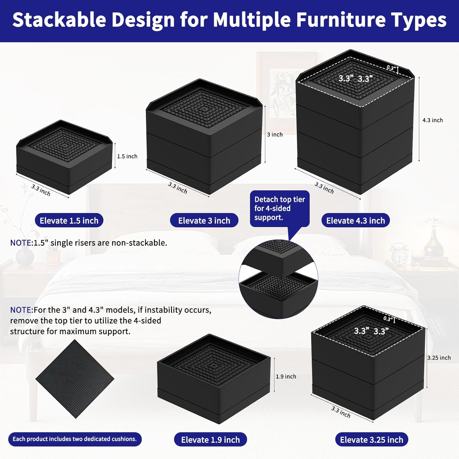 Furniture Risers Bed Risers, 3 & 4.3 Inches Adjustable Furniture Risers, Heavy Duty Stackable Bed Raisers Blocks for Desk, Sofa, Chair Legs, Refrigerator, Washing Machine (Black, 4.3 Inch (Pack of 4))