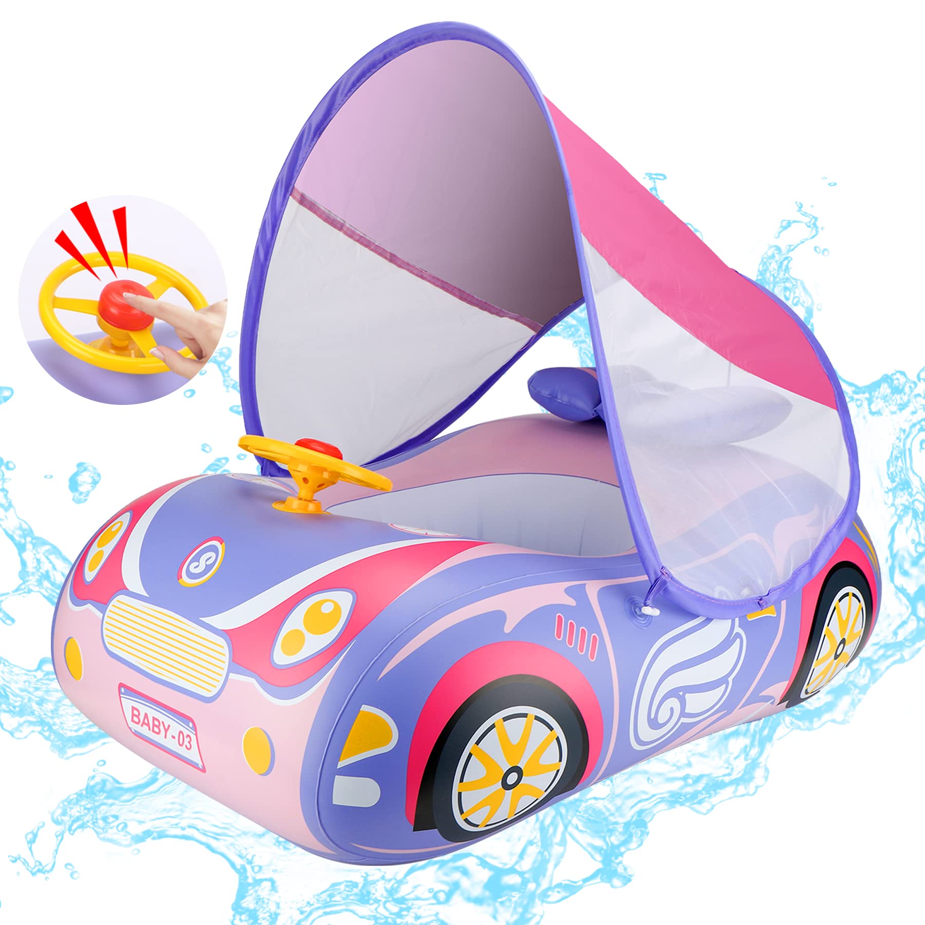 Baby Pool Float Baby Swimming Float with UPF50+ Adjustable Sun Protection Canopy, Inflatable Car Shaped Toddler Pool Floats Toys for Kids 6-48 Months