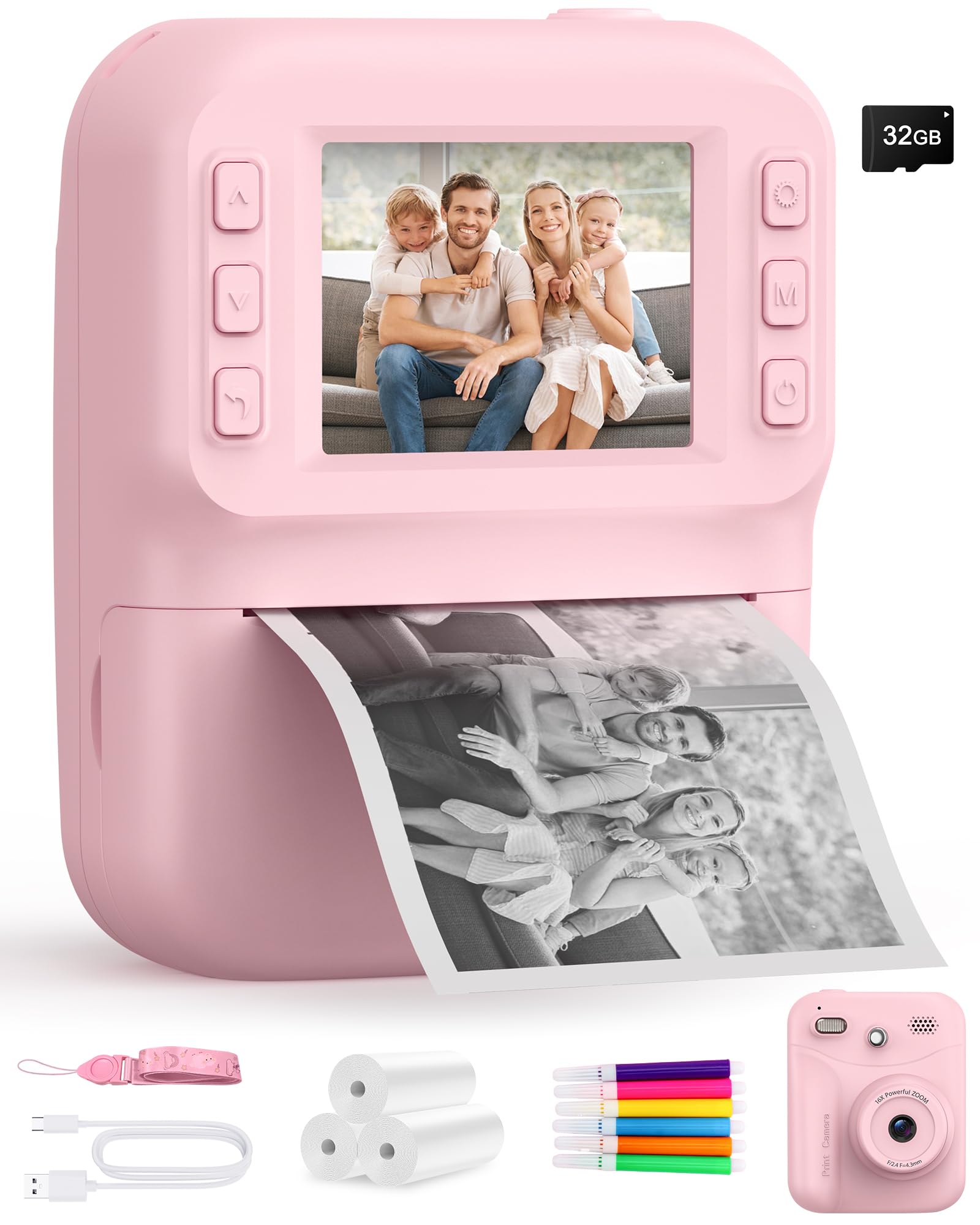 Macchina Fotografica Bambini, Schermo 2.4 HD Pollici e, Scheda da 32 GB e 3 Rotoli di Carta Fotografica, 1080P Macchina Fotografica Istantanea, Adatto Bambini dai 3 ai 12 Anni (Rosa)