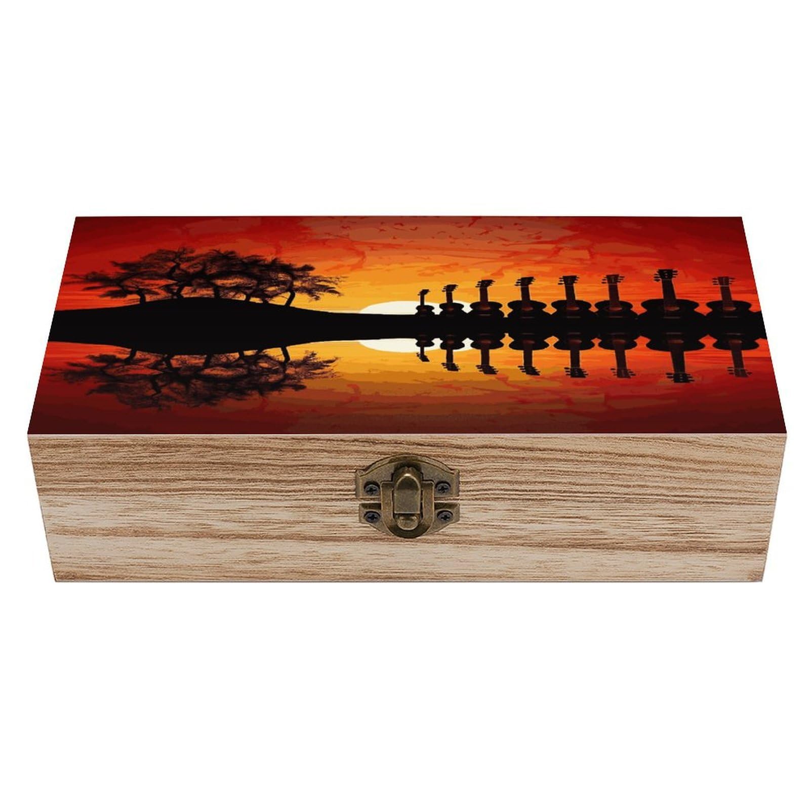 Btcowzrv Style Guitar Music Sunset Wooden Storage Box, Keepsake Box With Hinged And Retro Lock, Wood Jewelry Organizer For Photos & Mementos And Home Decor