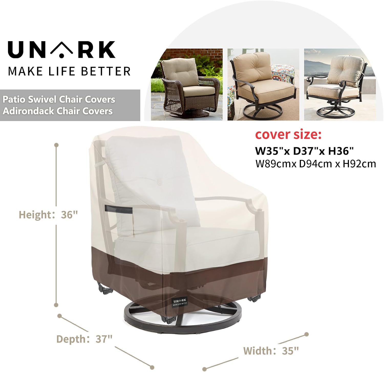 Outdoor Swivel Chair Covers Waterproof 2 Pack, Outdoor Chair Covers Patio Furniture Cover for Deck Patio Swivel Chair Heavy Duty, 35 W x 37 D x 36 H inches Beige and Brown