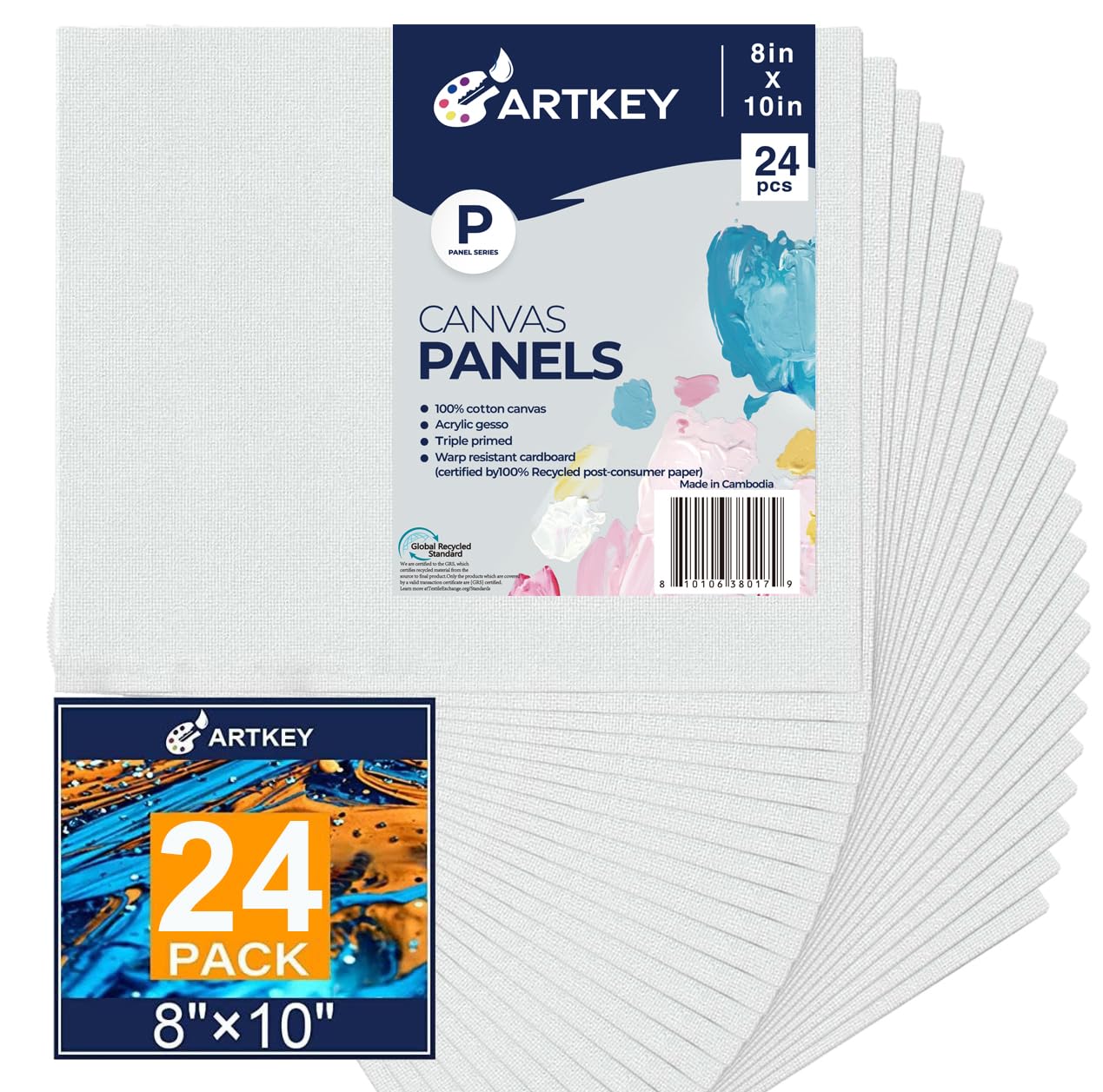 Canvas Panels 8x10 Inch 24-Pack, 10 oz Triple Primed Acid-Free 100% Cotton Paint Canvases for Painting, Blank Flat Canvas Board for Acrylics Oil Watercolor Tempera Paints