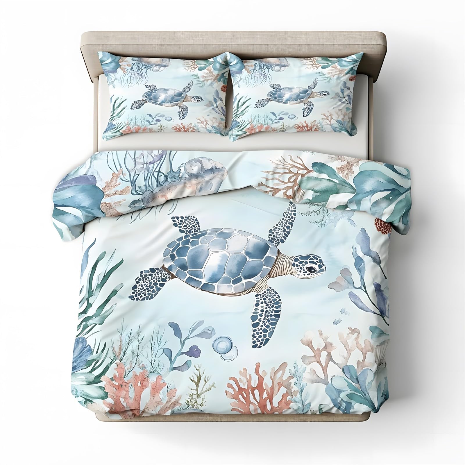 Ypthriline Double Bedding Set Turtles Bedding Set Microfiber Light Blue Duvet Covers with Pillowcases Reversible Bedding With Zipper Closure 200x200CM