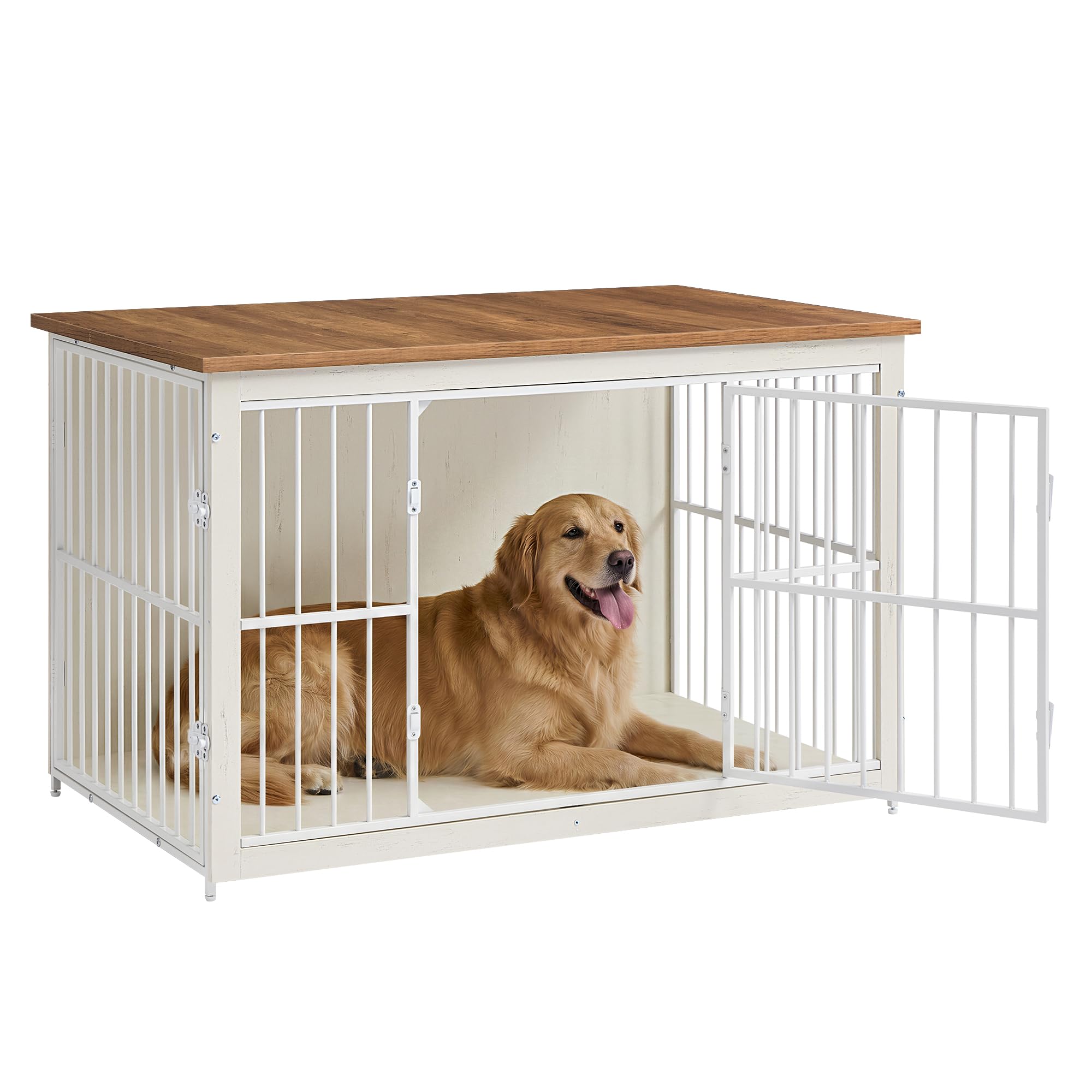 Photo 1 of Feandrea Wooden Dog Crate Furniture, 48 Inches Heavy-Duty Kennel for Dogs up to 110 lb, with Double Doors and Enclosed Wood Base, Modern Pet Cage End Table Indoor, Rustic White and Honey Brown