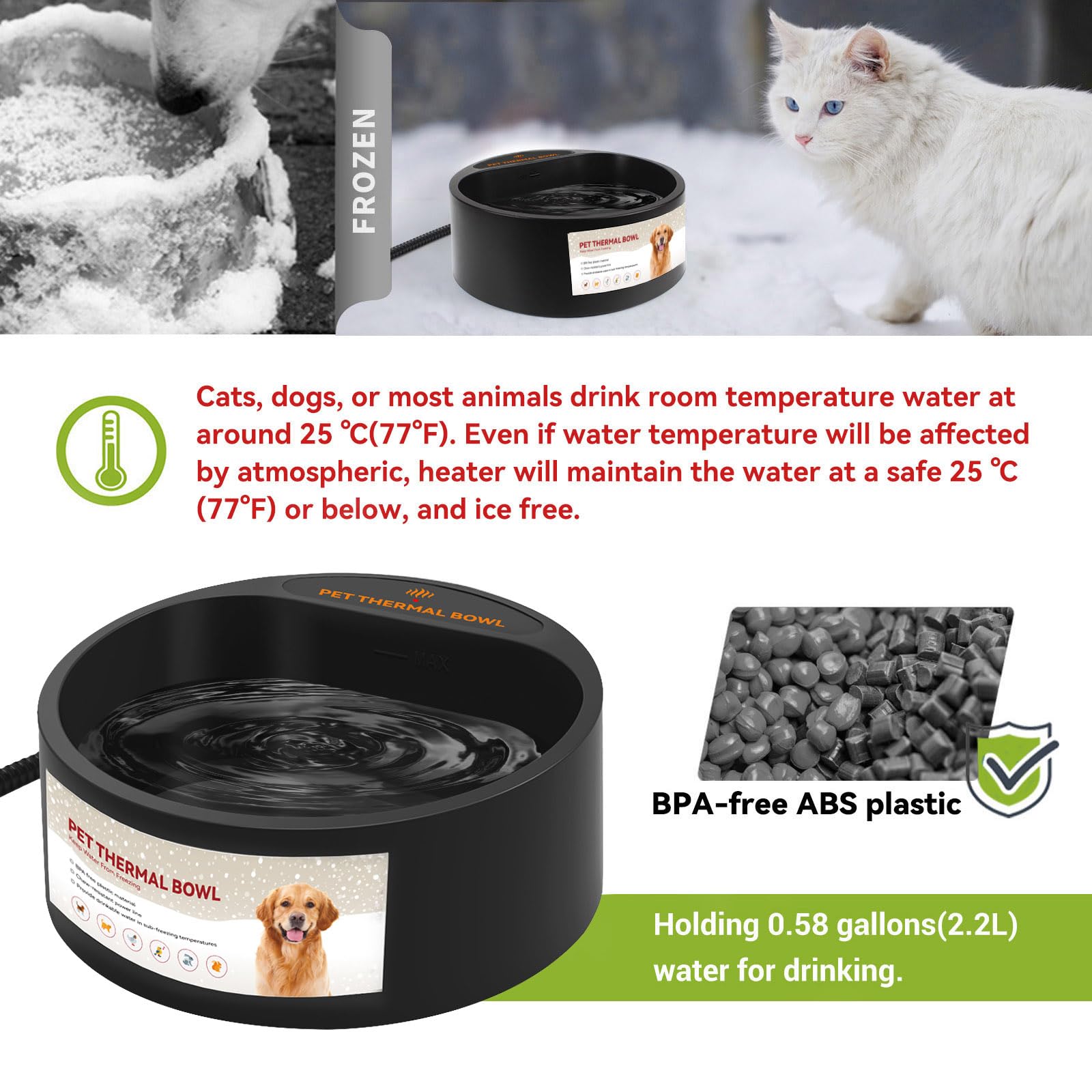 NAMSAN Ciotola riscaldata per gatti all'aperto, ciotola riscaldata per cani da 2,2 l, fornisce acqua potabile in inverno, bevitore riscaldato per animali domestici per polli, conigli, uccelli