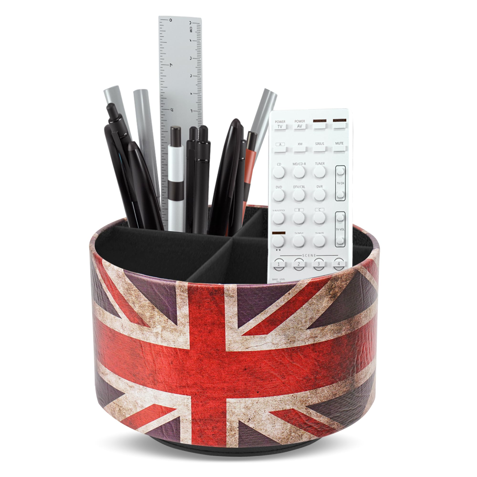 Czzmy Round Leather Art Supply Organizer,Remote Control Holder,360 Degree Spinning,Multi-Functional Pencil Holder,4 Compartments Desktop Stationary Organizer(1-UK Flag)