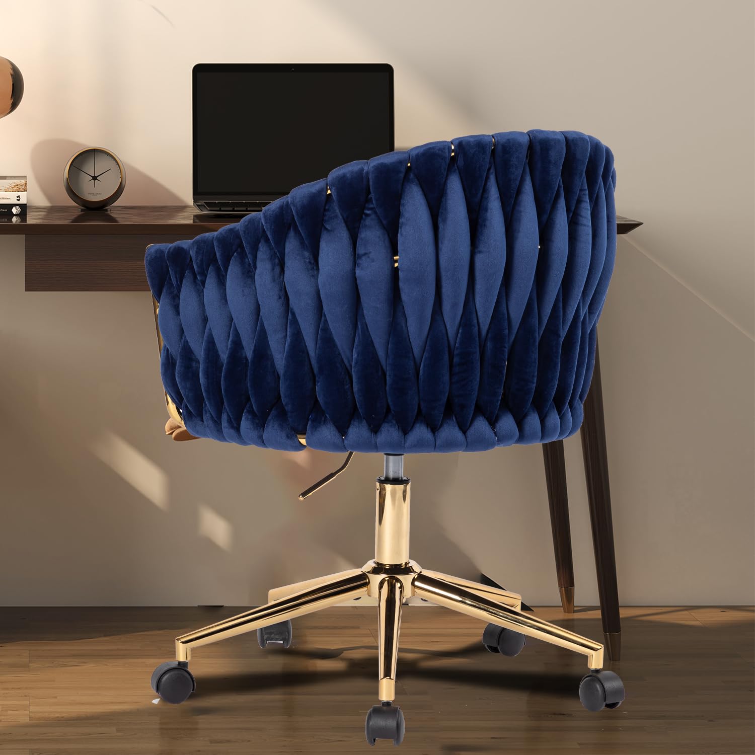 Comermax Velvet Office Chair with Hand Woven,  Vanity Chairs with Golden Wheels, 360° Swivel Home Office Desk Chair Computer Chairs, Accent Chair Makeup Chair for Bedroom, Living Room(Black): Blue