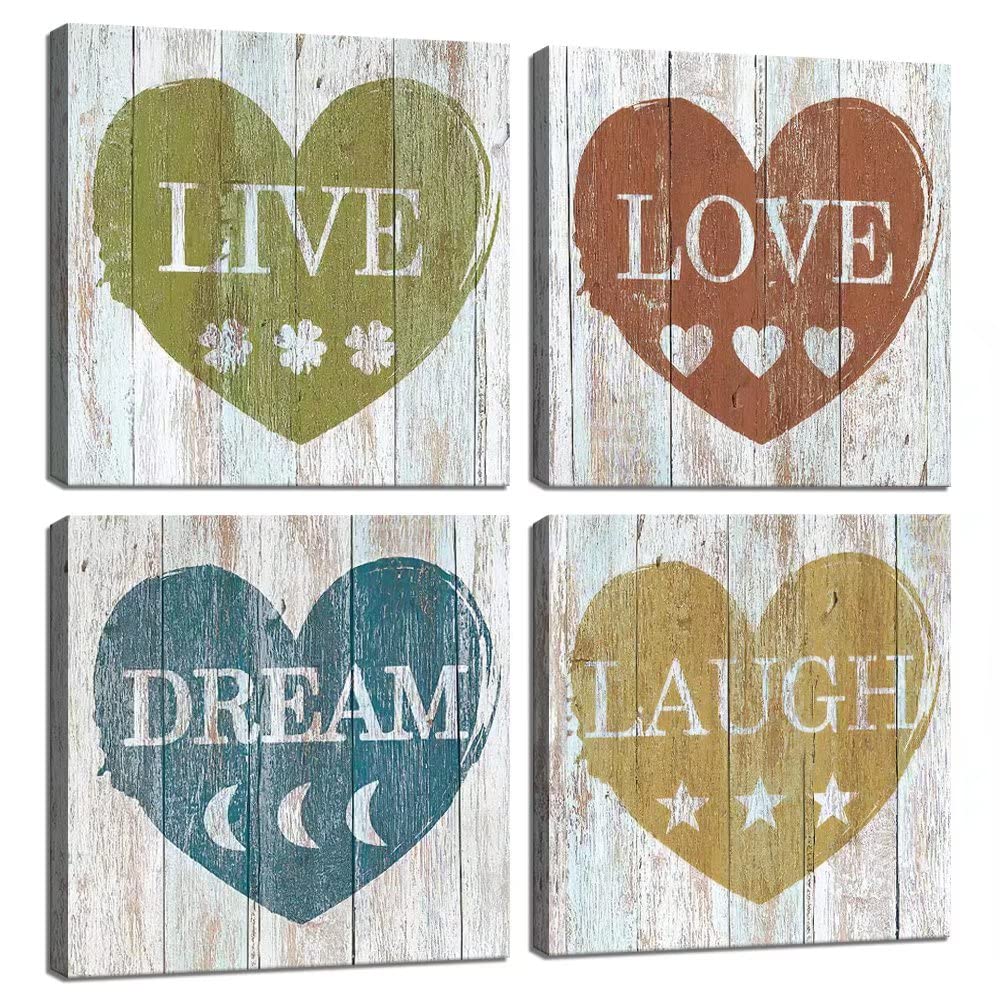 Heatsprits Inspirational Canvas Wall Art Live Love Laugh Sign on Wood Board Vintage Abstract Decor Framed for Home Farmhouse Painting Giclee Prints Ready to Hang(12''W x 12''H 4)
