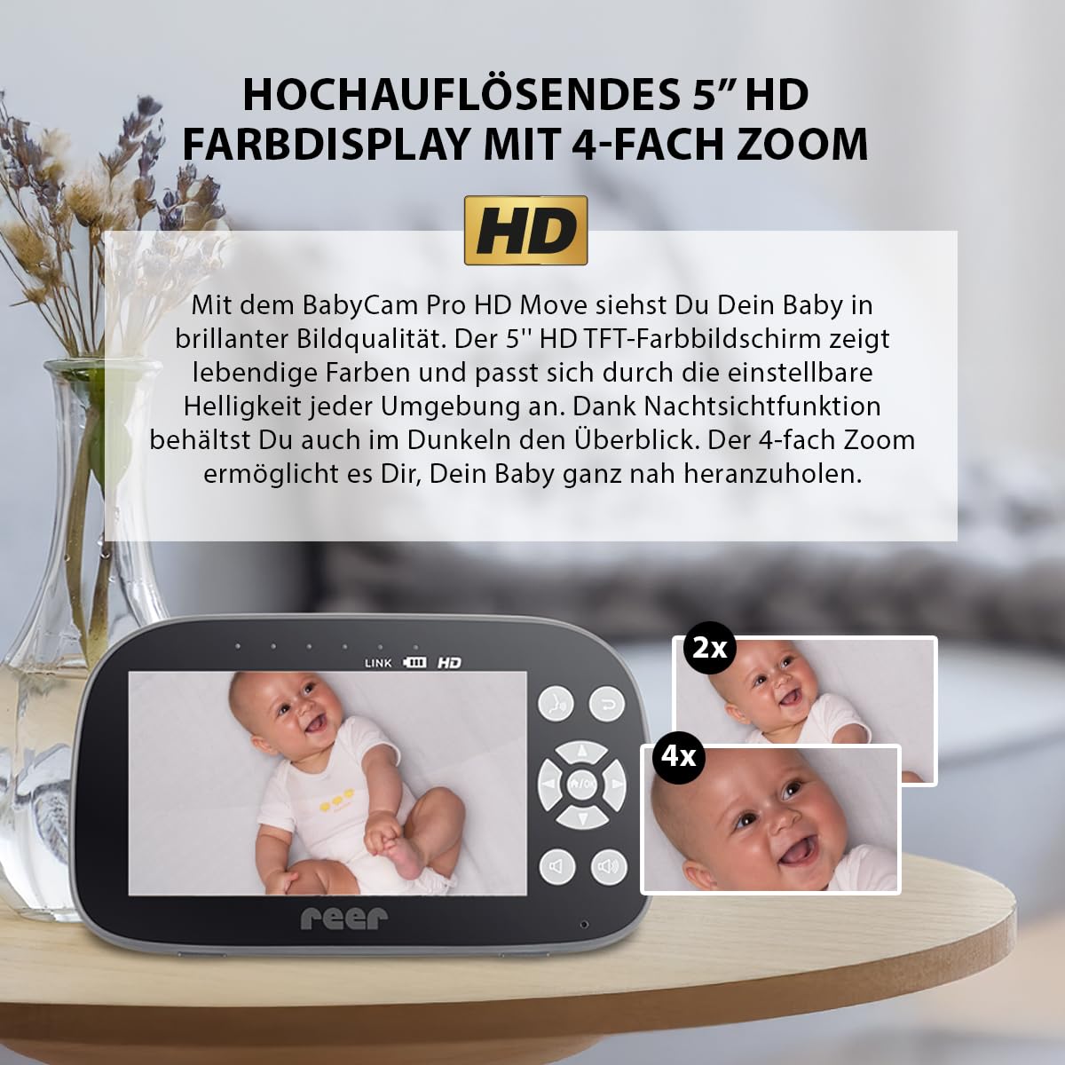 reer BabyCam Pro HD Move | Digitales Video-Babyphone mit FHSS-Technologie | Großer 5" HD-Bildschirm | 300m Reichweite | schwenk- & neigbare Kamera mit Nachtsicht und 4-fach Zoom