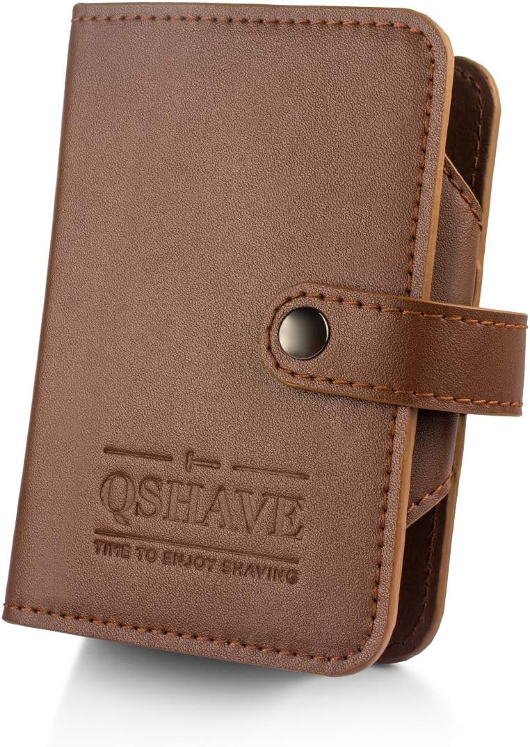 QSHAVE Double Edge Safety Razor Closing Buckle Travel Case with Compartment for Shaving Brush, Blades and Nail Clipper Brown (Case Only)