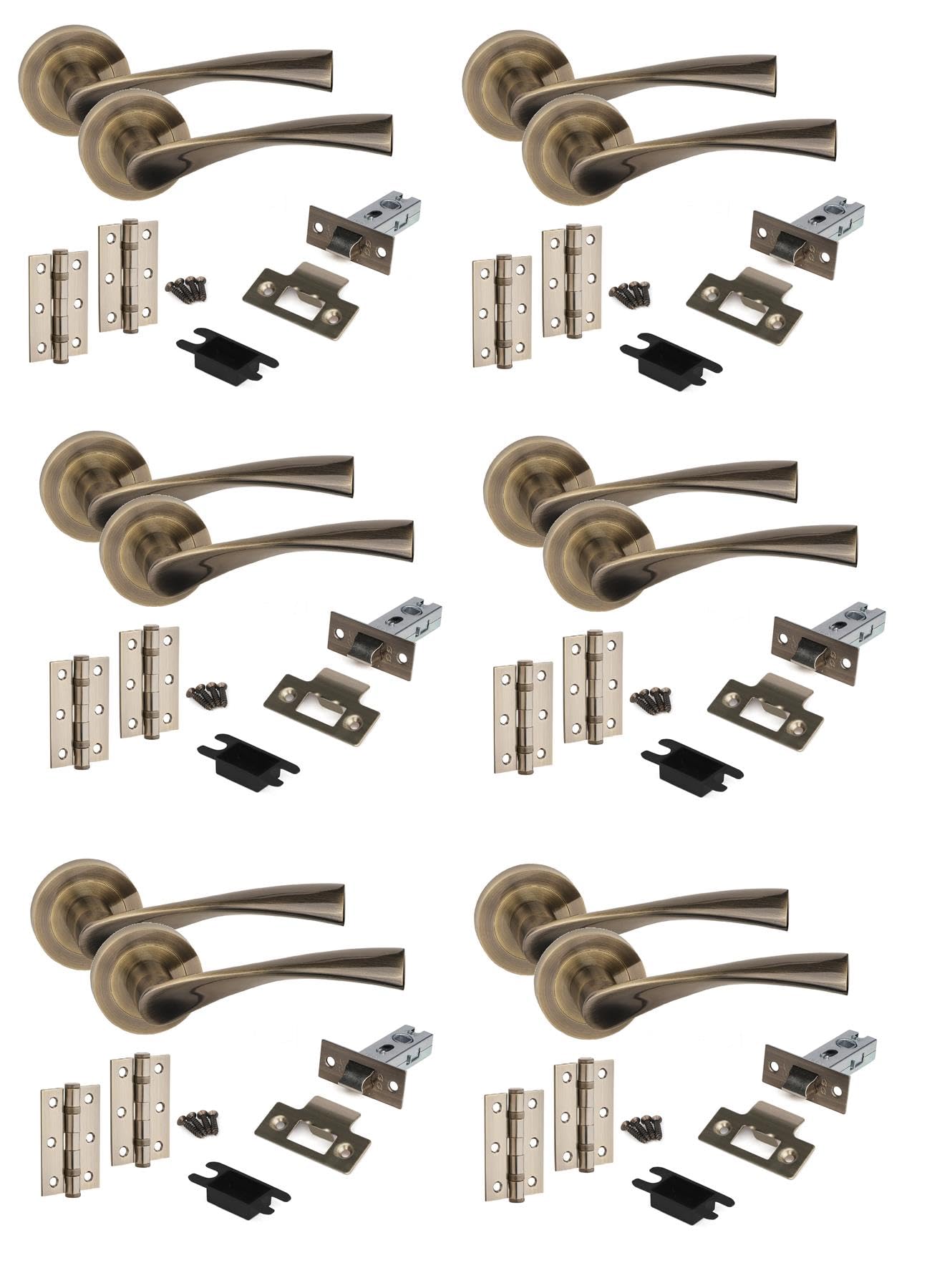 Golden Grace Antique Brass Astrid Design Door Handles In Finish With Tubular Latch & 1 Pair Of 3" Ball Bearing Hinges - 6 Sets
