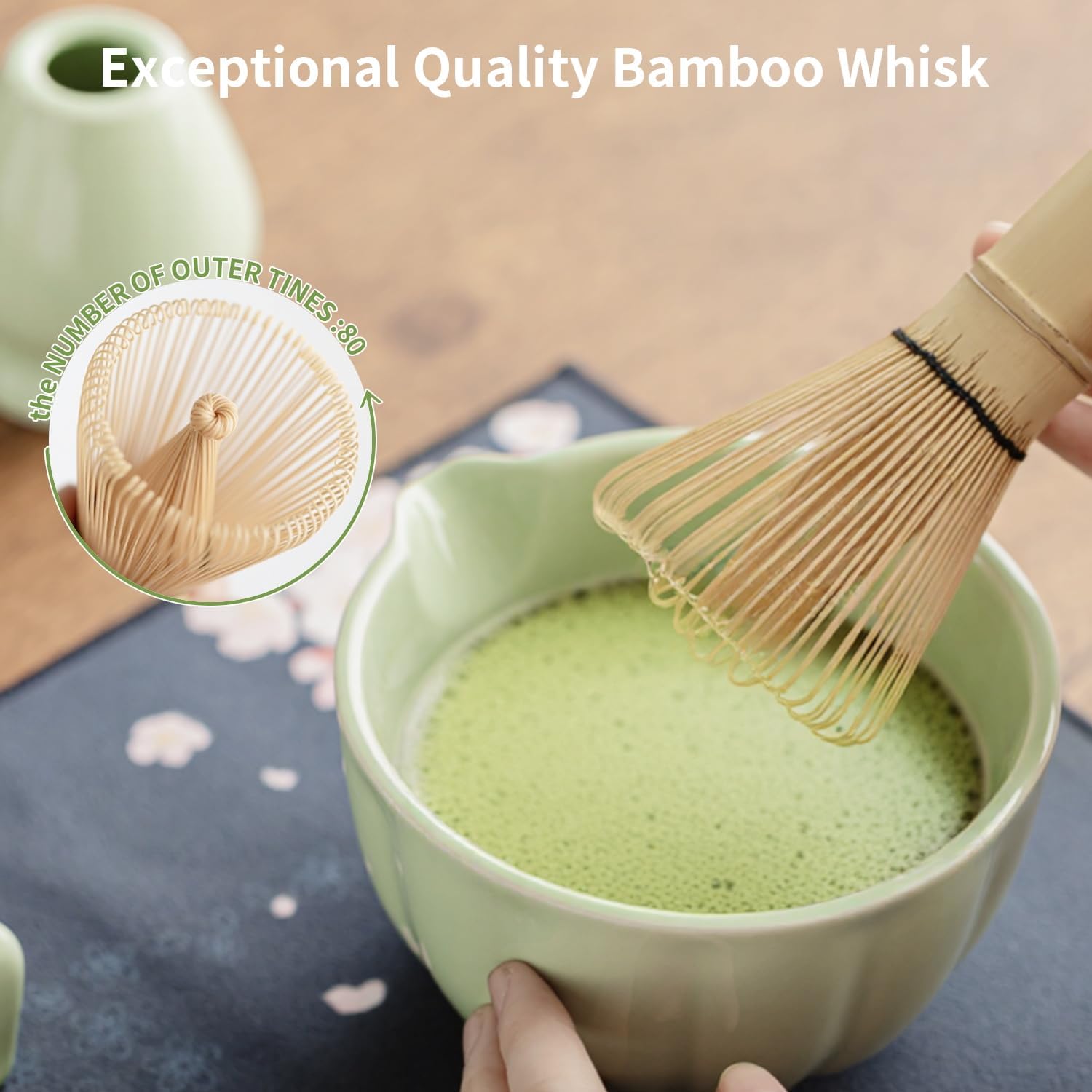 Matcha Whisk Set of 8 - HTRCXB Ceramic Matcha Set, Include Matcha Bowl, Matcha Whisk and Holder, Bamboo Scoop, Measuring Spoon, Scoop Rest, Sifter and Tea Towel - Matcha Kit Gift for Matcha Lovers - Image 4