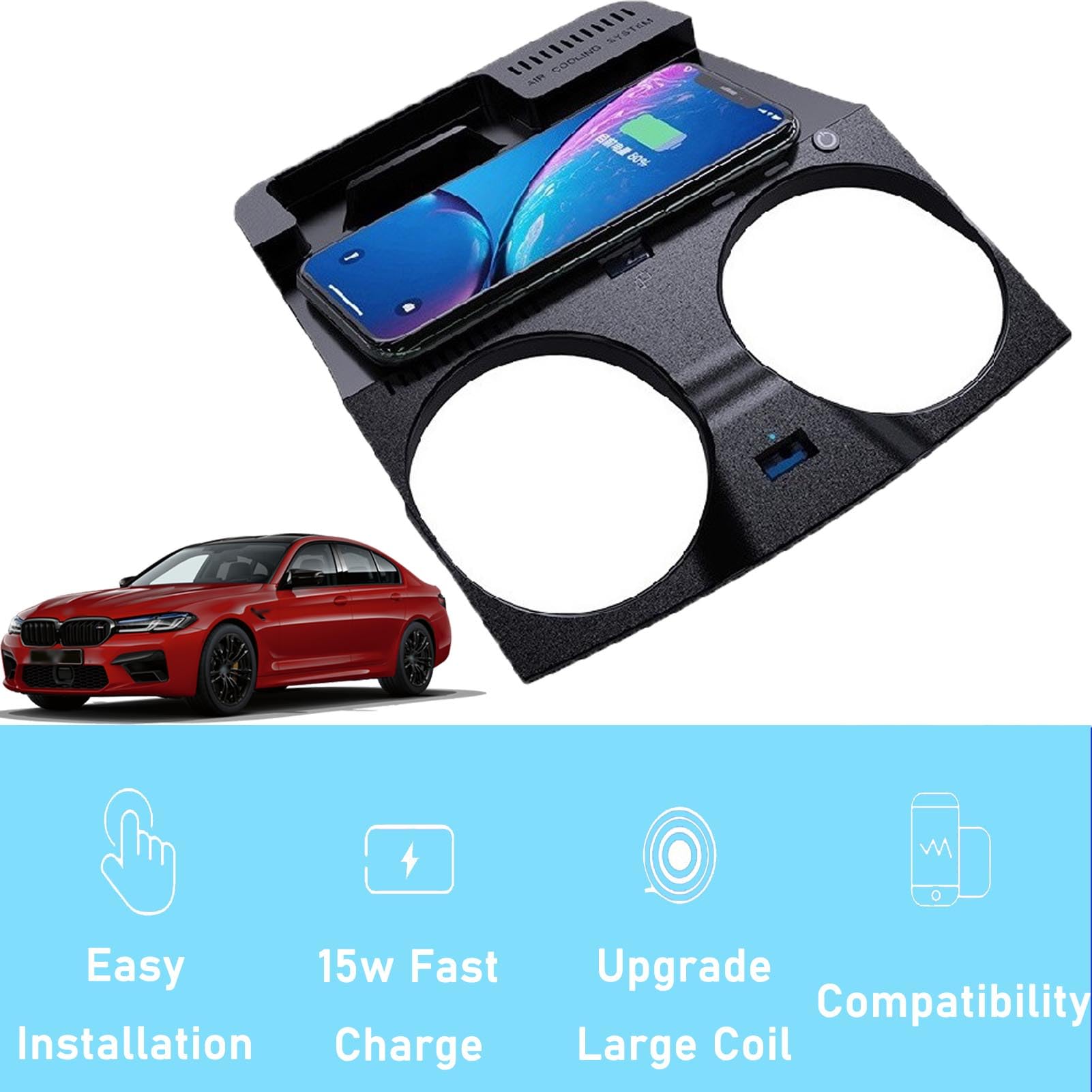 Caricabatterie Wireless per Auto per Serie 5/M5, Serie 6 GT/M6, Tutti i Modelli, Accessorio con Ricarica Rapida Wireless da 15 W e USB Qc3.0, Regalo per la Famiglia