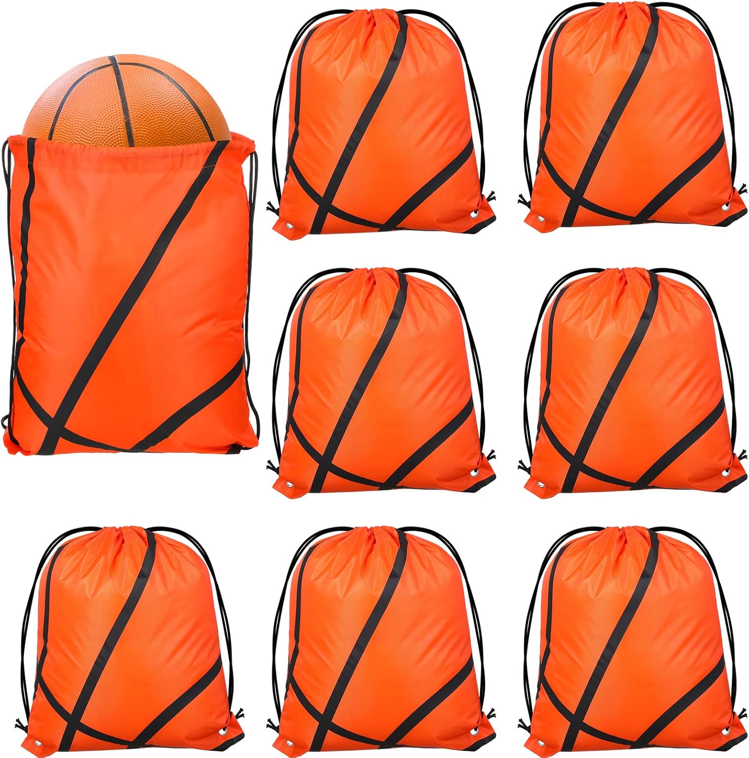 Riakrum 8-Pack 16.5" Basketball Sports Drawstring Bags - Durable Oxford Cinch Sacks for Party Favors, Gym & Gifts