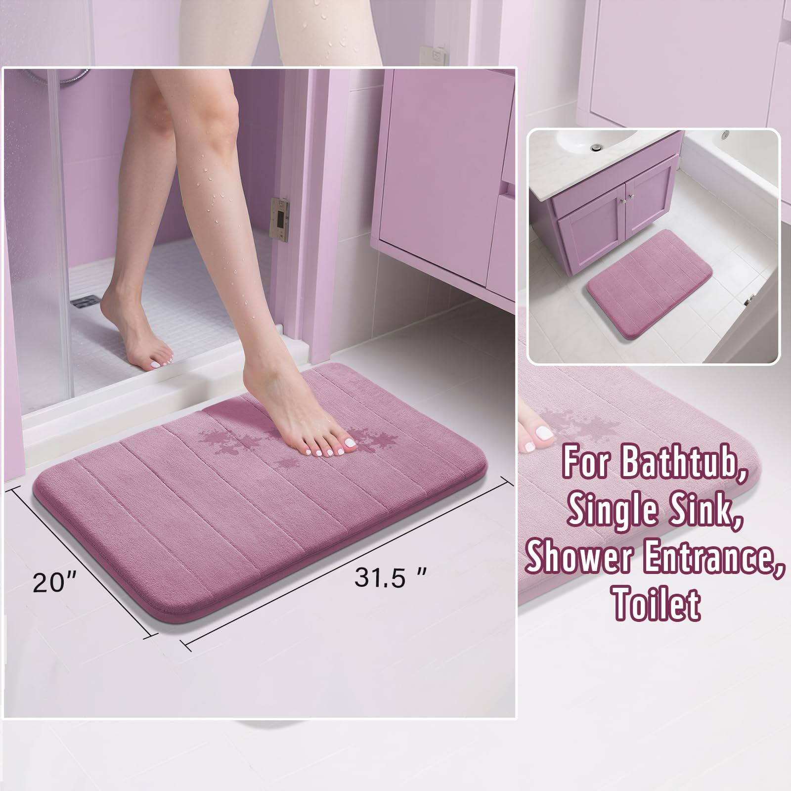 Yimobra Memory Foam Bath Mat, Super Soft Absorbent Bathroom Rug Non Slip 31.5x20 Inch, Quick Dry, Machine Washable Floor Carpet for Tub Shower, Home Decor Accessories, Mauve