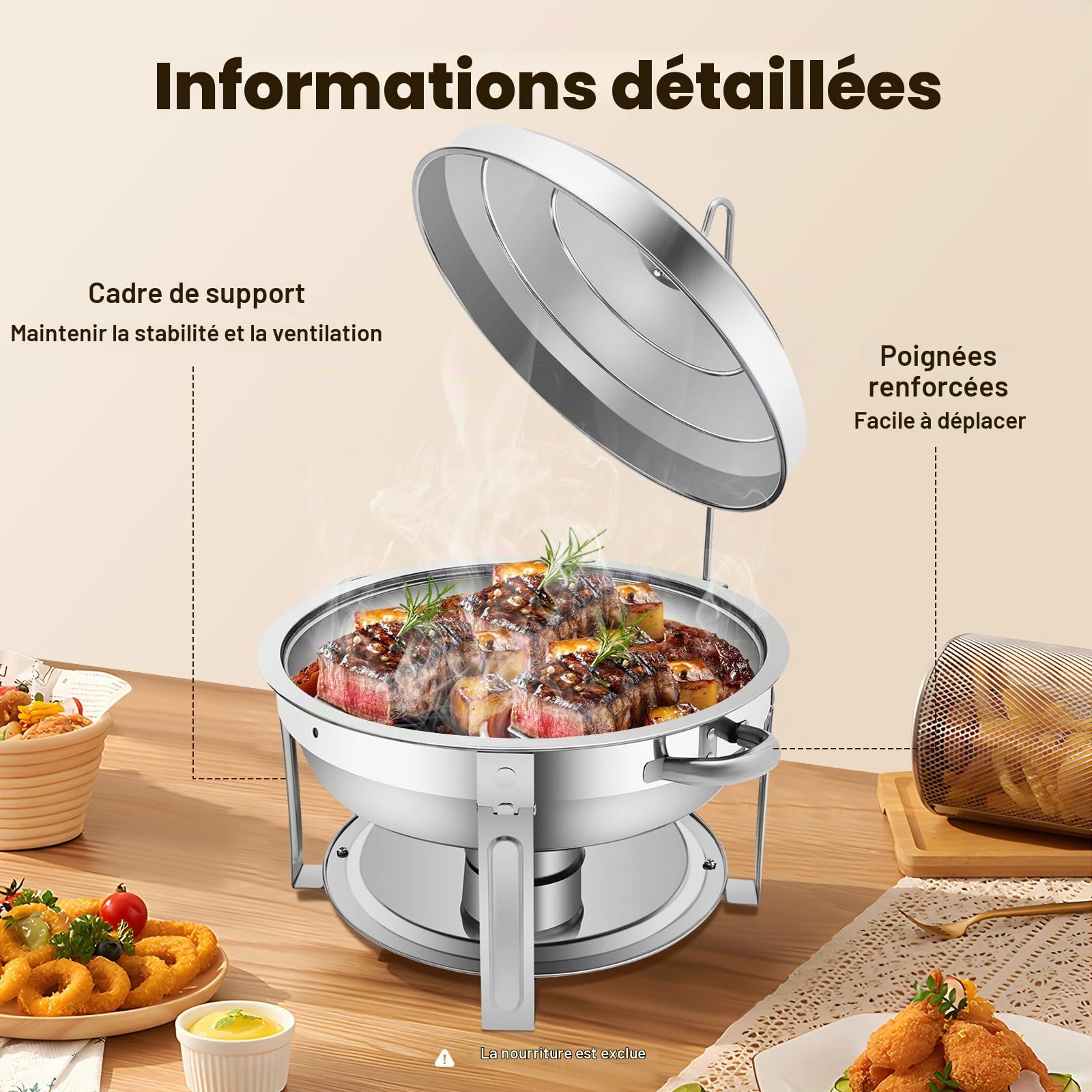 Chafing Dish Buffet 7.5L Chauffe Plat Electrique avec Couvercle en Acier Inoxydable et Support pour Hôtels, Buffets, Restaurants, Réunions Famille, Dortoirs, Banquets, Mariages