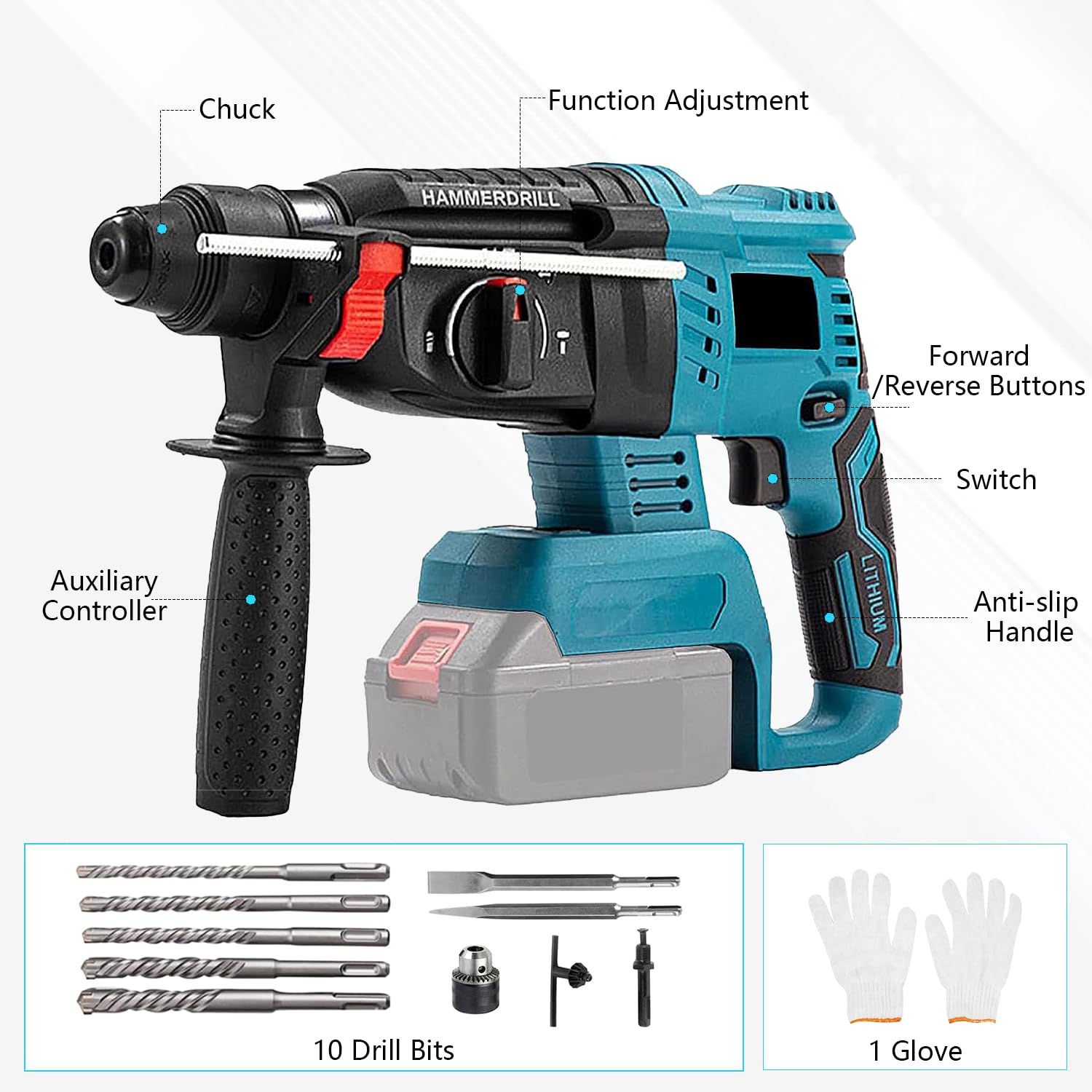 Bohrhammer für Makita Akku 18V, 3-in-1 Bürstenloser Schlagbohrmaschine mit 7 Stück Bohrer, Handschuhe, 3 Betriebsarten, Anti-Vibrationsgriff und Sicherheitskupplung (ohne Akkus und Ladegerät)