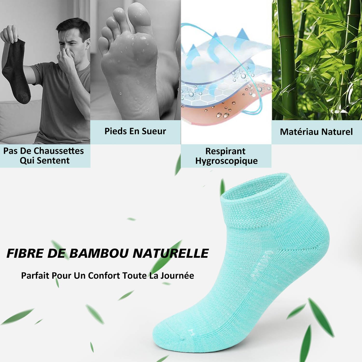 Chaussettes Diabétiques pour Homme Femme: Chaussette Courtes Bambou Non Comprimantes Socquettes Sans Élastique ni Couture avec Semelle Rembourrée pour Pieds et Enceintes