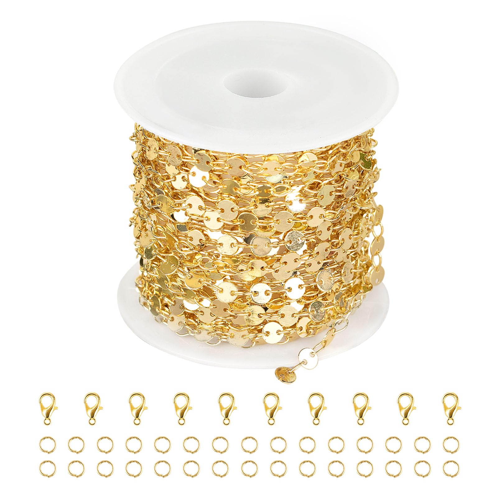 Kyutong 16.4 Feet Gold Plated Brass Jewelry Chain Roll Round Sequin Chains for Jewelry Making with Lobster Clasps Jump Rings for Necklace Bracelet Ankle Choker DIY