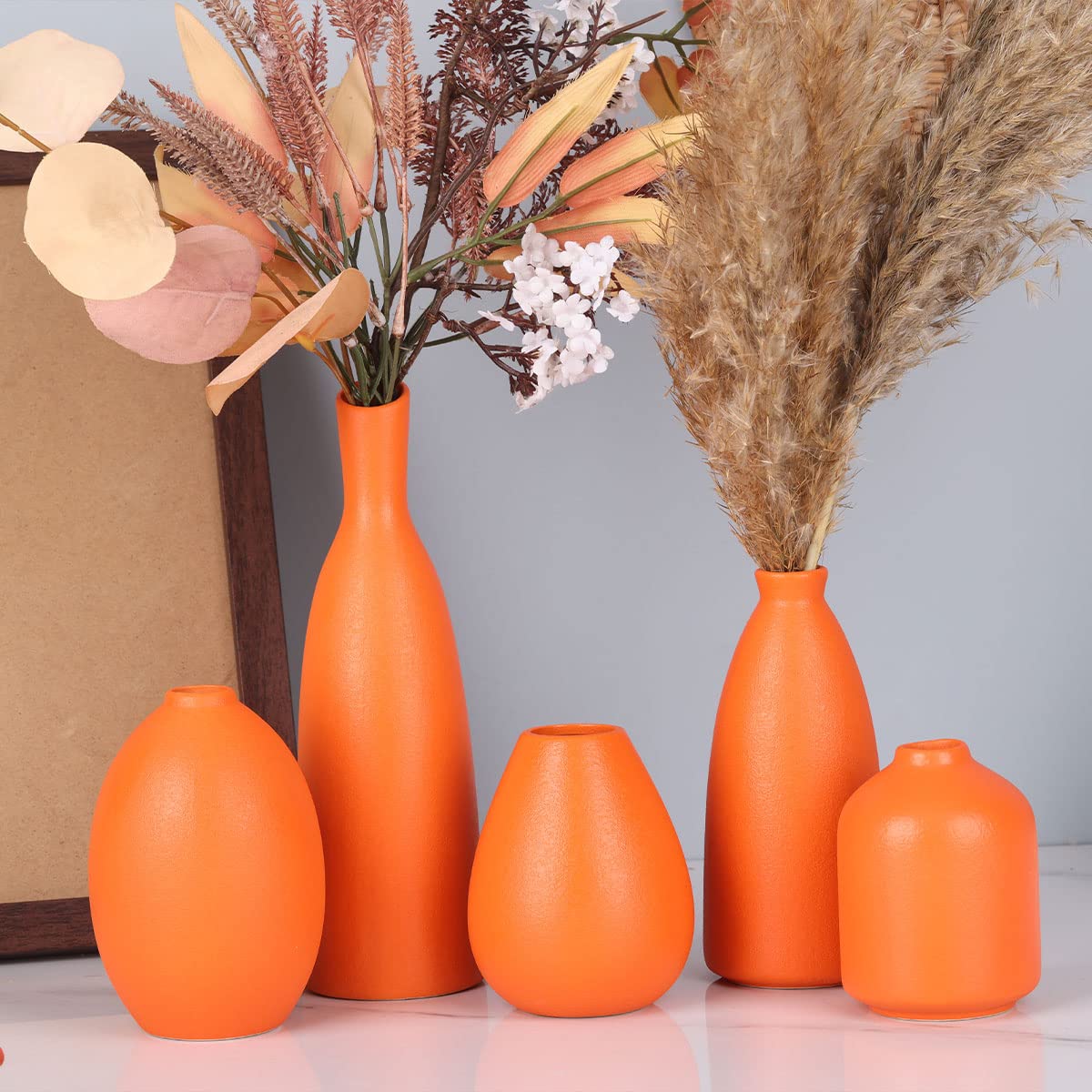 Juego de 5 jarrones de cerámica naranja, decoración de granja, decoración de chimenea, decoración de manto y estante, decoración del hogar para sala de estar, entrada, baño, cocina y oficina,