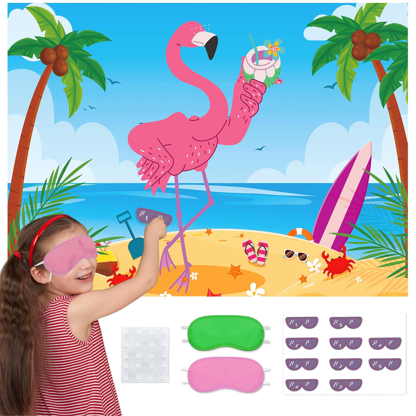 Unibday Hawaiian Luau Party Game,Pin The Sunglasses on The Flamingo Party Game Hawaii Tropical Party Supplies with 20 Pcs Sunglasses Sticker for Boy Girl Hawaiian Summer Beach Birthday Tiki Party