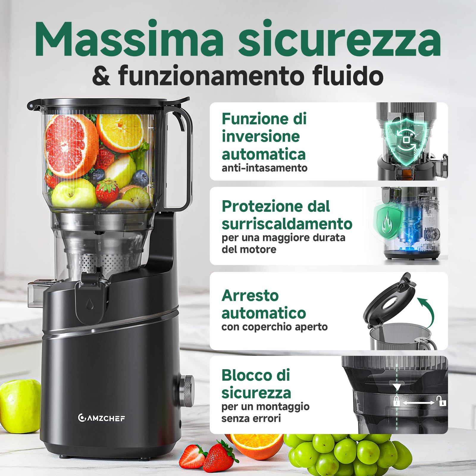 AMZCHEF Estrattore Automatico, Apertura 150MM e Capacità 2L Estrattore Frutta e Verdura Intera, 250W Estrattori di Succhi Professionale con Triplo Filtro - Nero