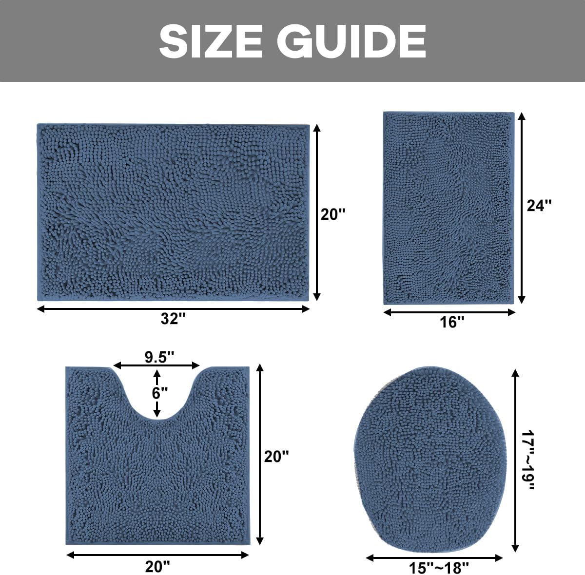 RUN HELIX Blue Bathroom Rugs Sets 4 Piece with Toilet Lid Cover, Non Slip Bathroom Mats Extra Soft Chenille Bath Rugs Absorbent Shaggy Rugs Perfect Plush Mats U-Shaped Toilet Rug Bathoom Set Dark Blue 1'8" x 2'8" (Square + oval + U-shape)
