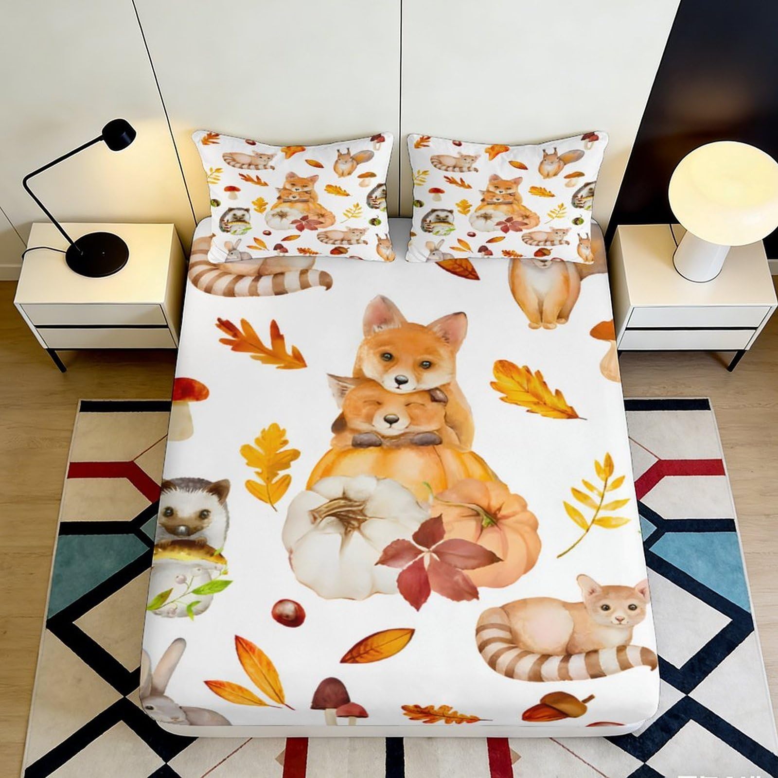 3D Printed Fox Autumn Leaves Fitted Sheet Microfiber Soft Mattress Cover Bedroom Dorm Decor Protection 90x200x25cm