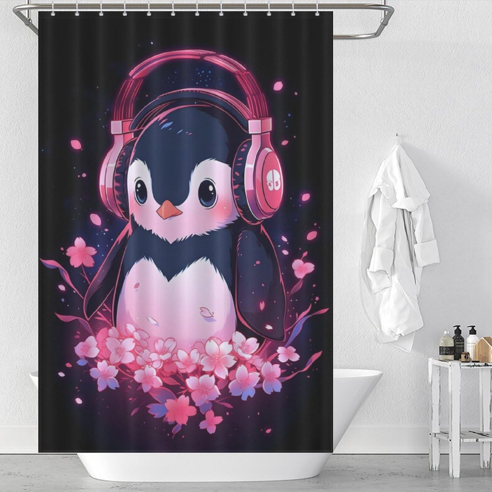 Rideau de douche drôle pingouin rose Toile de Jouy pour égayer la salle de bain