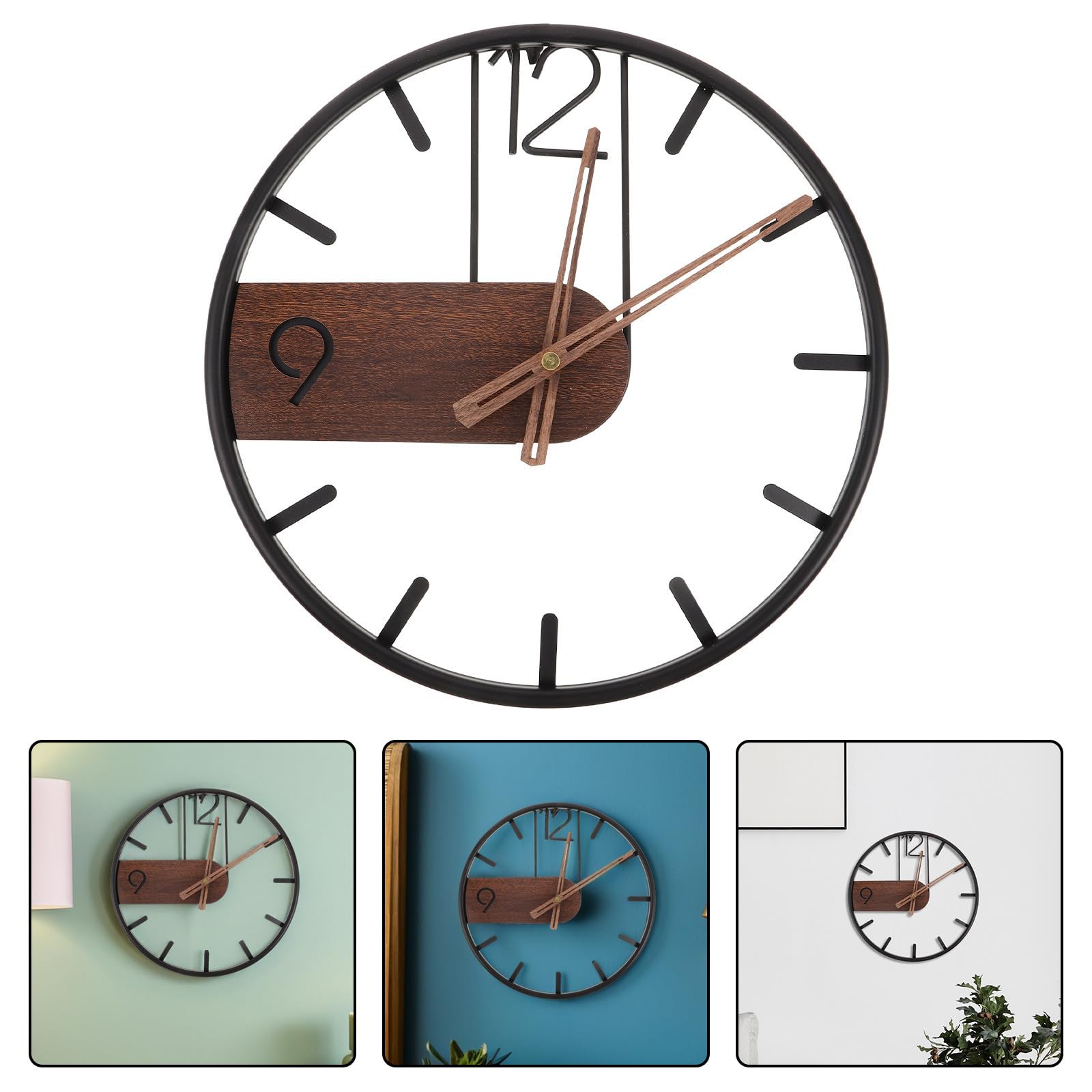 SHINEOFI Orologio da Parete Silenzioso Nero 40cm in Ferro e Legno | Design Minimal Creativo, per Soggiorno e Arredo Casa, Meccanismo Preciso ad Alta Accuratezza