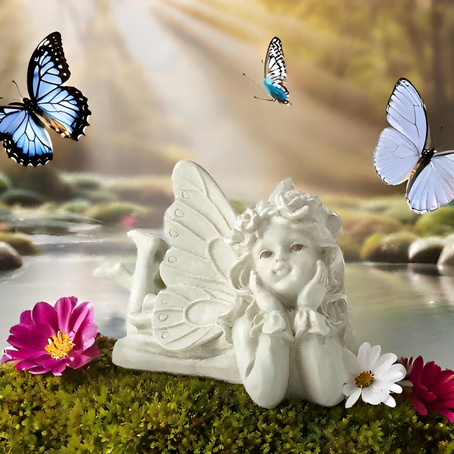 Whimsical Angel Garden Statue – Hand-Painted Laying Fairy Figurine for Yard, Patio or Flower Bed – Resin Outdoor Decoration (10.2” Long)