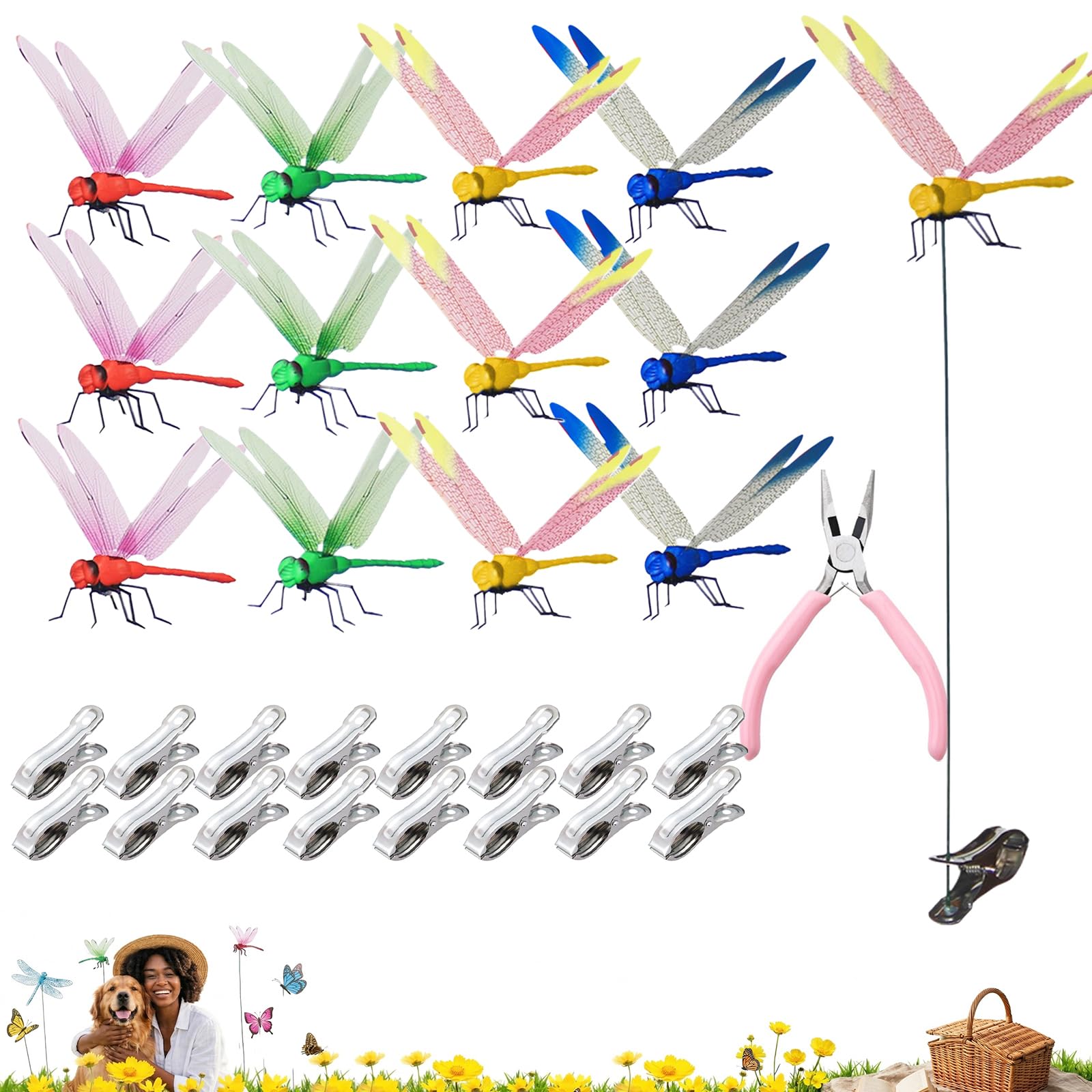 Jongdari 12 Sets Dragonfly Hat Clip Bug Repellent Clip-On Garden Outdoor Decor Stakes Plastic Dragon Fly Mosquito Repellent Plant Decorations for Pots, Includes Pliers & Clips-image-8