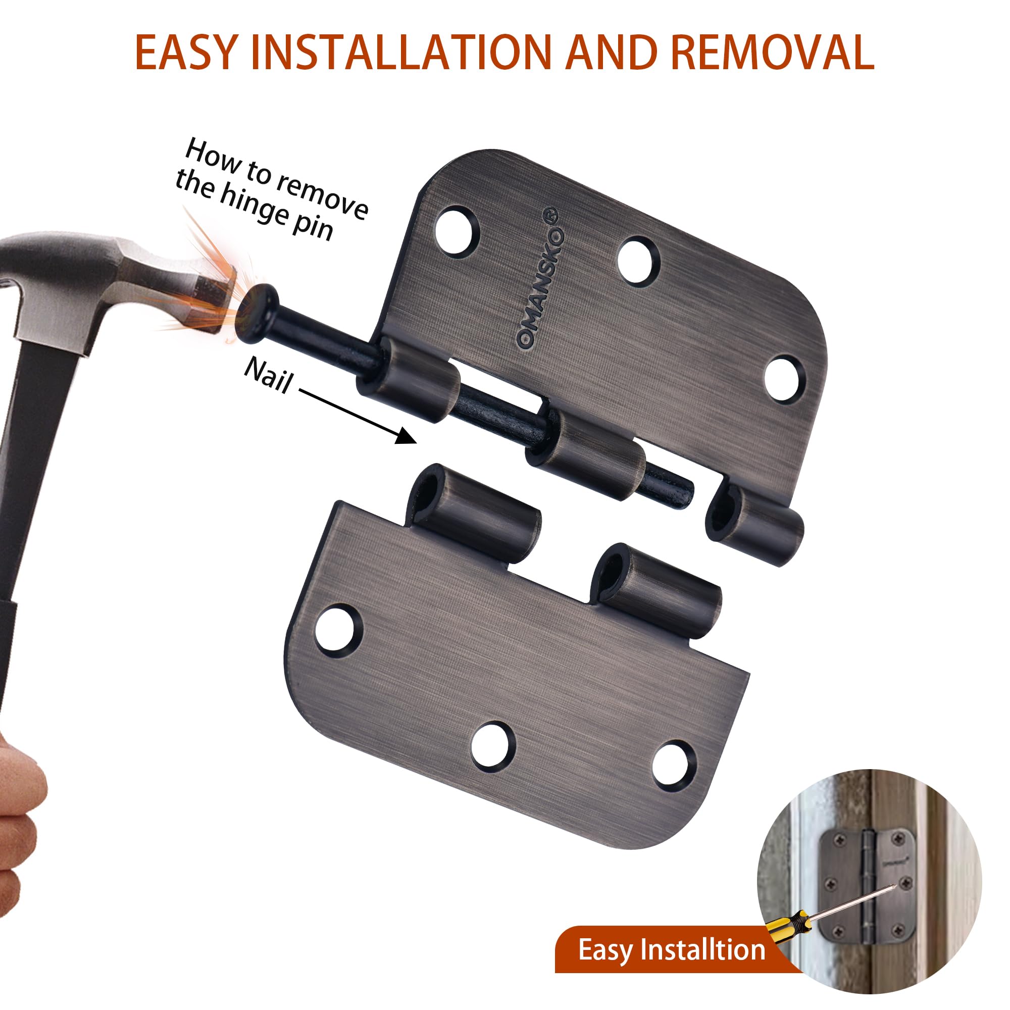 Paquete de 18 bisagras de puerta de 3.5 x 3.5 pulgadas, bisagras de bronce aceitado para madera, esquinas de radio de 5/8 pulgadas, bisagras de puerta interior de 3 1/2 pulgadas para puertas