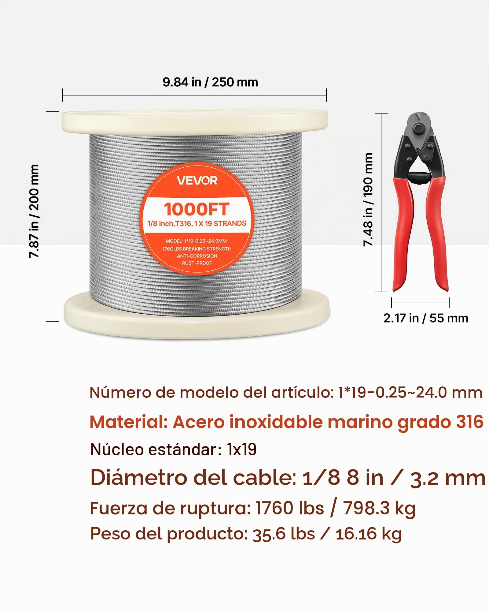 VEVOR Cable de Acero Inoxidable 316 Diámetro de 3,2 mm, Rollo de Cuerda de Alambre 304,8 m, Resistencia a la Rotura de 798,3 kg, Construcción de 1 x 19, para Barandillas y Enrejados de Jardín