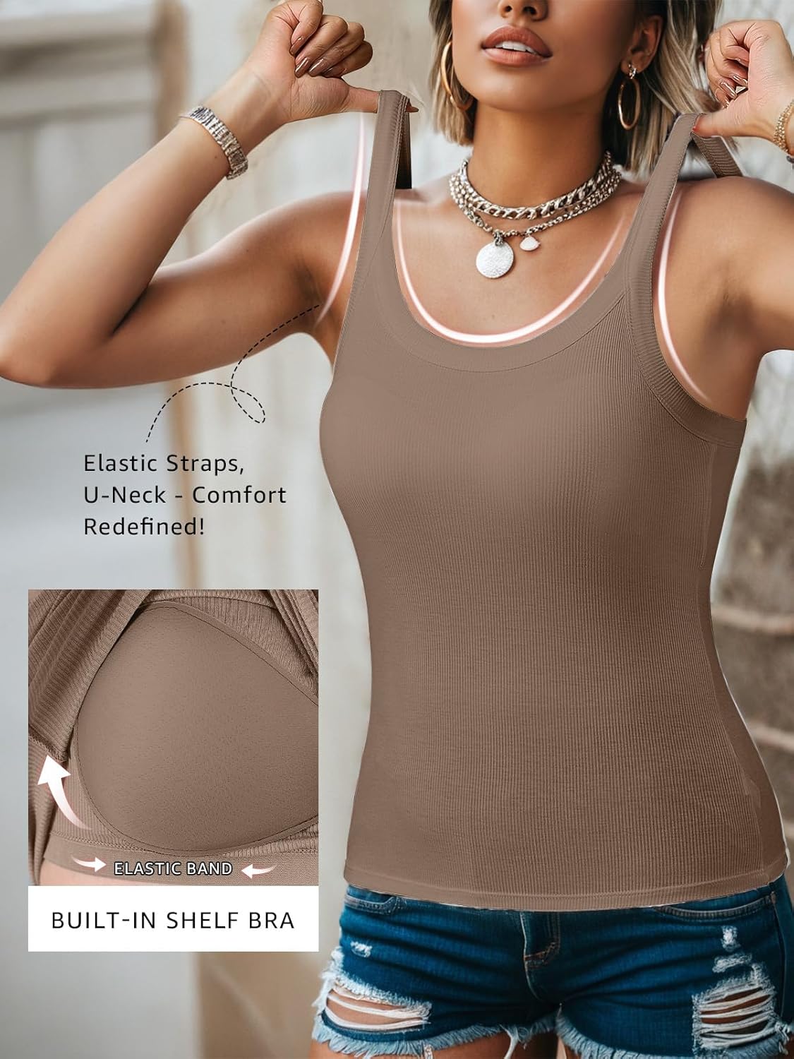 Ninee Womens Ribbed Tank Top Built in Bra Summer Scoop Neck Wide Strap Casual Camisoles Basic Tanks 2025 - Image 4