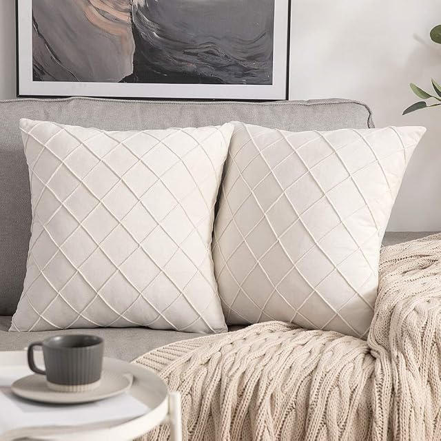 MIULEE Velvet Cushion Covers Home Decoration with Square Pattern Throw Pillow Covers Super Soft Modern Smooth Washable for Living Room Bedroom Sofa 2 Pieces Cream 40 x 40 cm 16 x 16 Inch