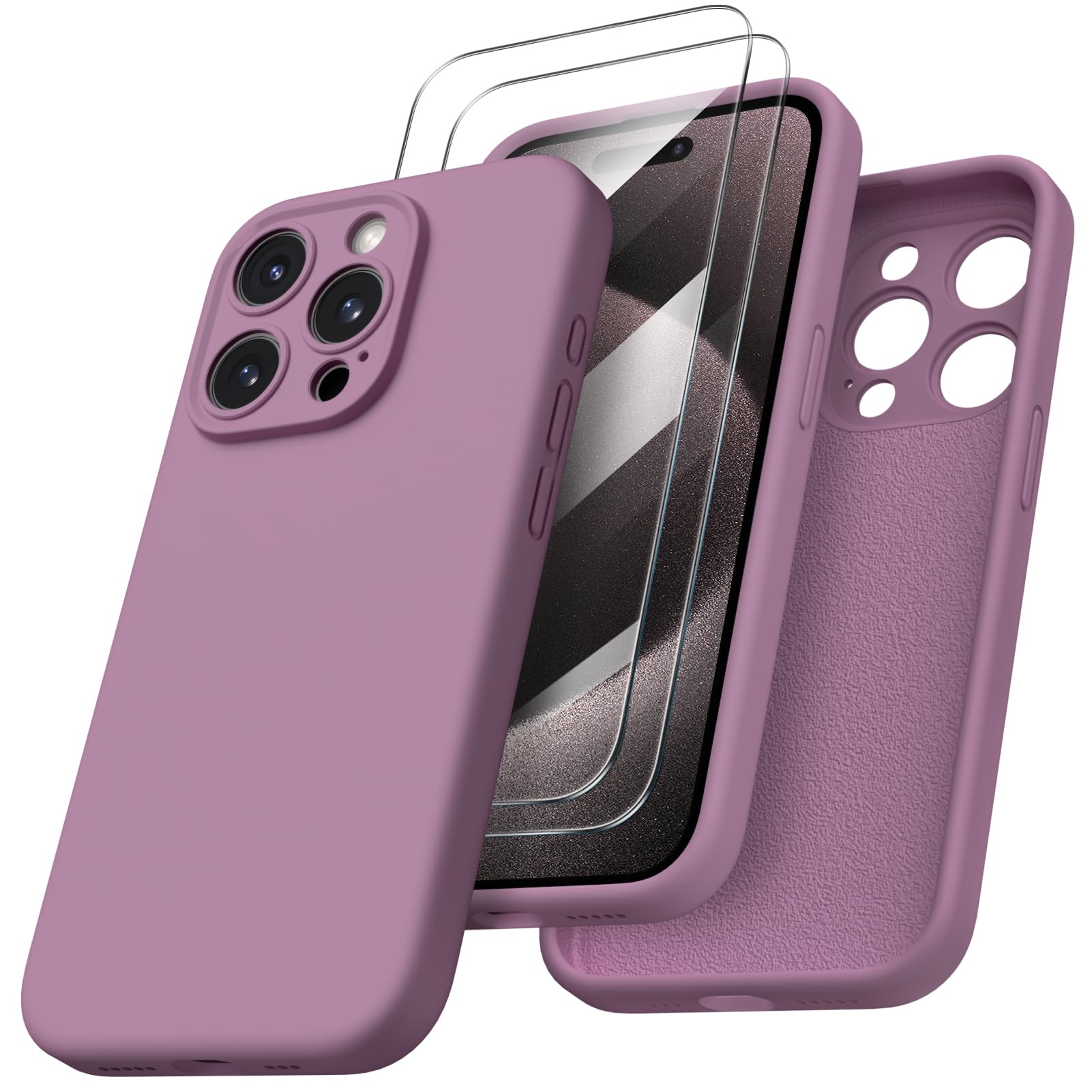 ORNARTO Cover per iPhone 15 pro Silicone 6.1 Pollici, con 2 Pellicola Vetro Temperato, Morbido Silicone Liquido Protezione, Antiurto Ultra-Sottile Protezione Custodia iPhone 15 pro-Malva Cover