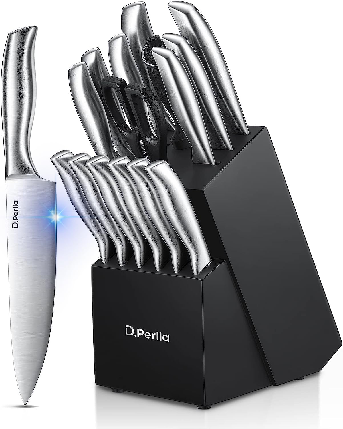 D.Perlla Juego de Cuchillos de Cocina 16 Piezas, Forjado en Acero Inoxidable Alemán X50Cr15, Set Cuchillos Cocina Profesional, Portacuchillos de Madera, color negro