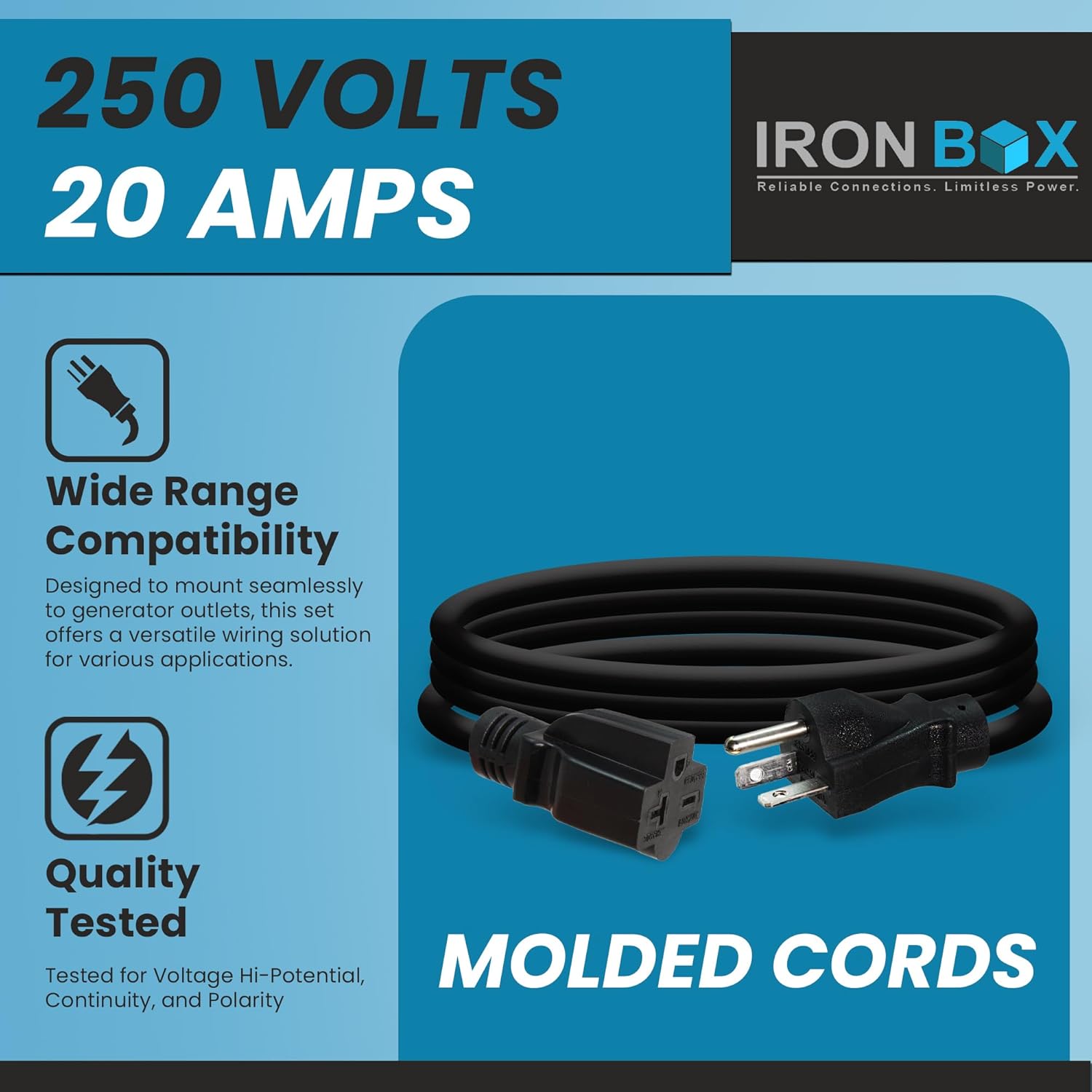 IronBox Electric - NEMA 6-20 Extension Cord - 12/3 SJT Jacket, 20A, 250V Cord - Compatible with Any Generator Equipped with a 6-20 Receptacle - Heavy Duty Extension Cable(Molded, 3 Foot)