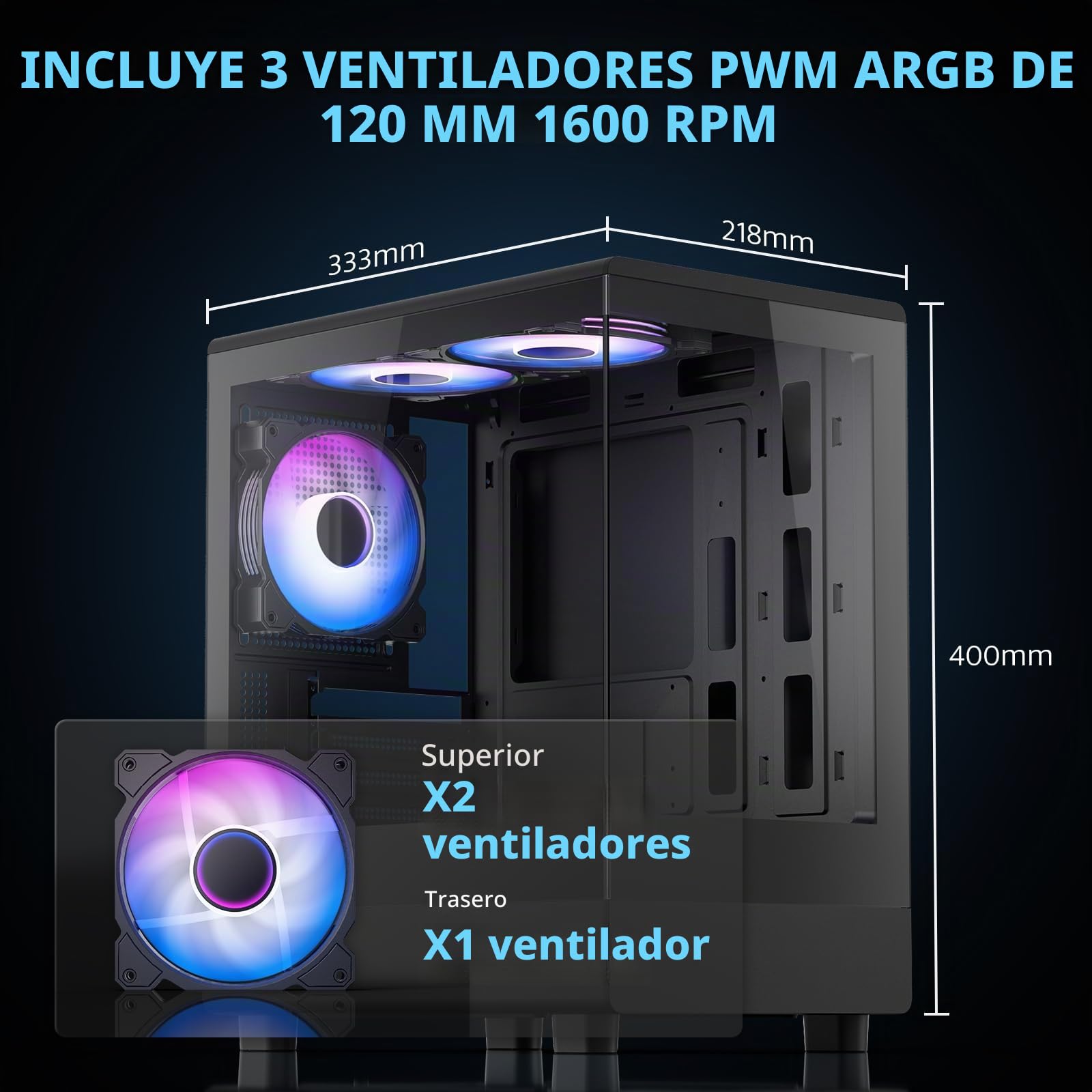 darkFlash Funda para PC Micro ATX, preinstalada con 3 Ventiladores PWM ARGB, Full View Dual Tempered Glass MATX Gaming PC, Puerto Tipo C, soporta hasta 240 mm AIO (DB330M) (Negro)