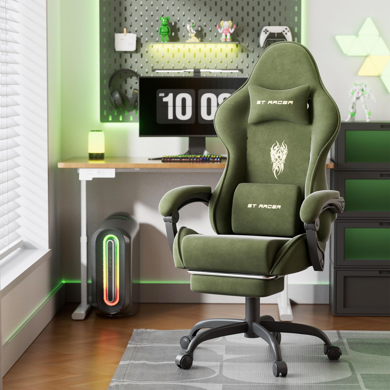 Gaming Stuhl, Atmungsaktiver und Ergonomischer Bürostuhl aus Hochwertigem Stoff, So Weich Wie Pelz, Computerstuhl mit verstellbare Kopfstütze und Lendenkissen,Fußstütze(Grün)