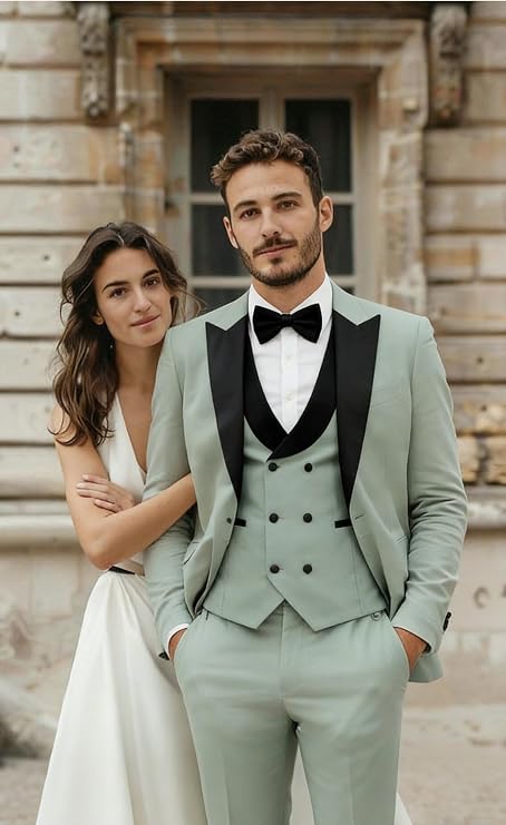 Wangyue Double Breasted Suit Men Mens Tuxedo Suit Set 3 Piece Wedding Tuxedos for Men Slim Fit Prom Suits Groom Tux