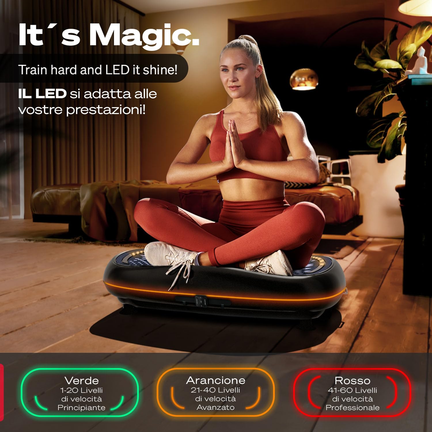 Sportstech Piastra vibrante 4D Premium | Smart LED I 3 motori silenziosi I Next-Level Training con sedile, maniglie per flessioni ecc. Display Color Touch + Bluetooth I Fitness & Yoga per la casa |