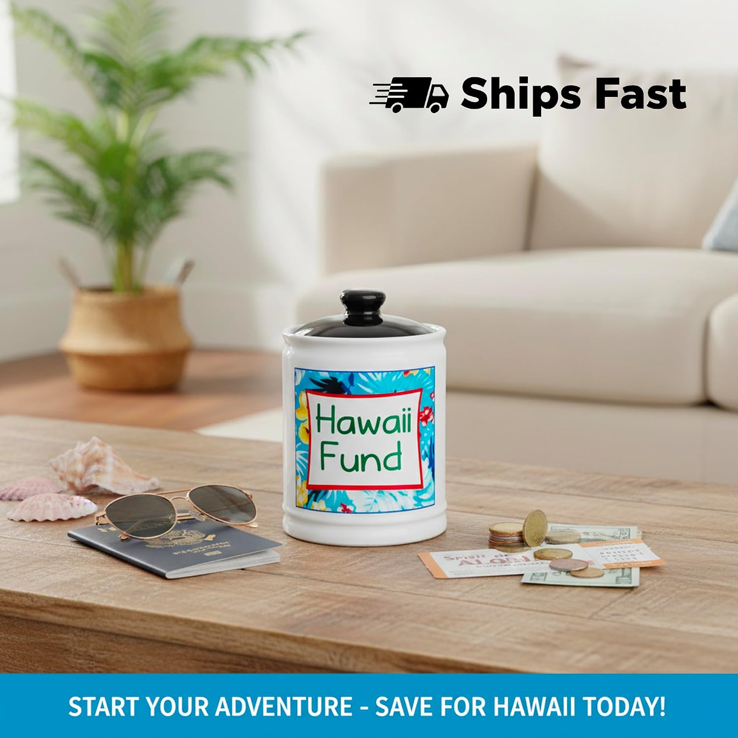 Cottage Creek Jars | Hawaii Fund Travel Bank - Ceramic Piggy Bank for Vacation & Travel Essentials Money Jar for Women, Men, Couples | Engagement Gift & Vacation Accessories Storage Container