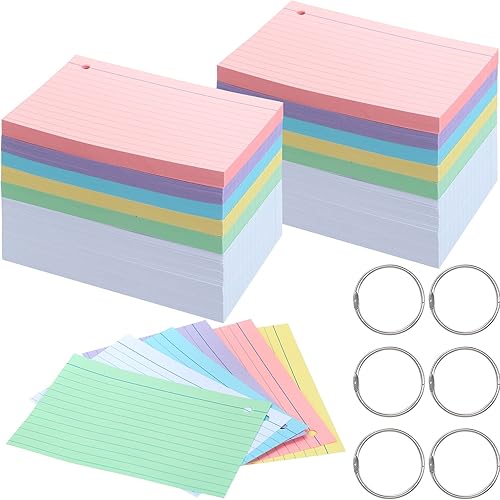 Miniatura 8 de 600 tarjetas de índice, tarjetas de índice de colores con rayas de un solo agujero, tarjetas de estudio pesadas, tarjetas de notas, 12 anillos de