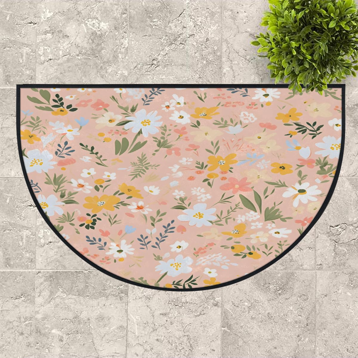 Mexpekil Paillasson demi-rond antidérapant lavable - Motif feuilles et fleurs roses - Demi lune - Pour intérieur et extérieur - 100 x 160 cm