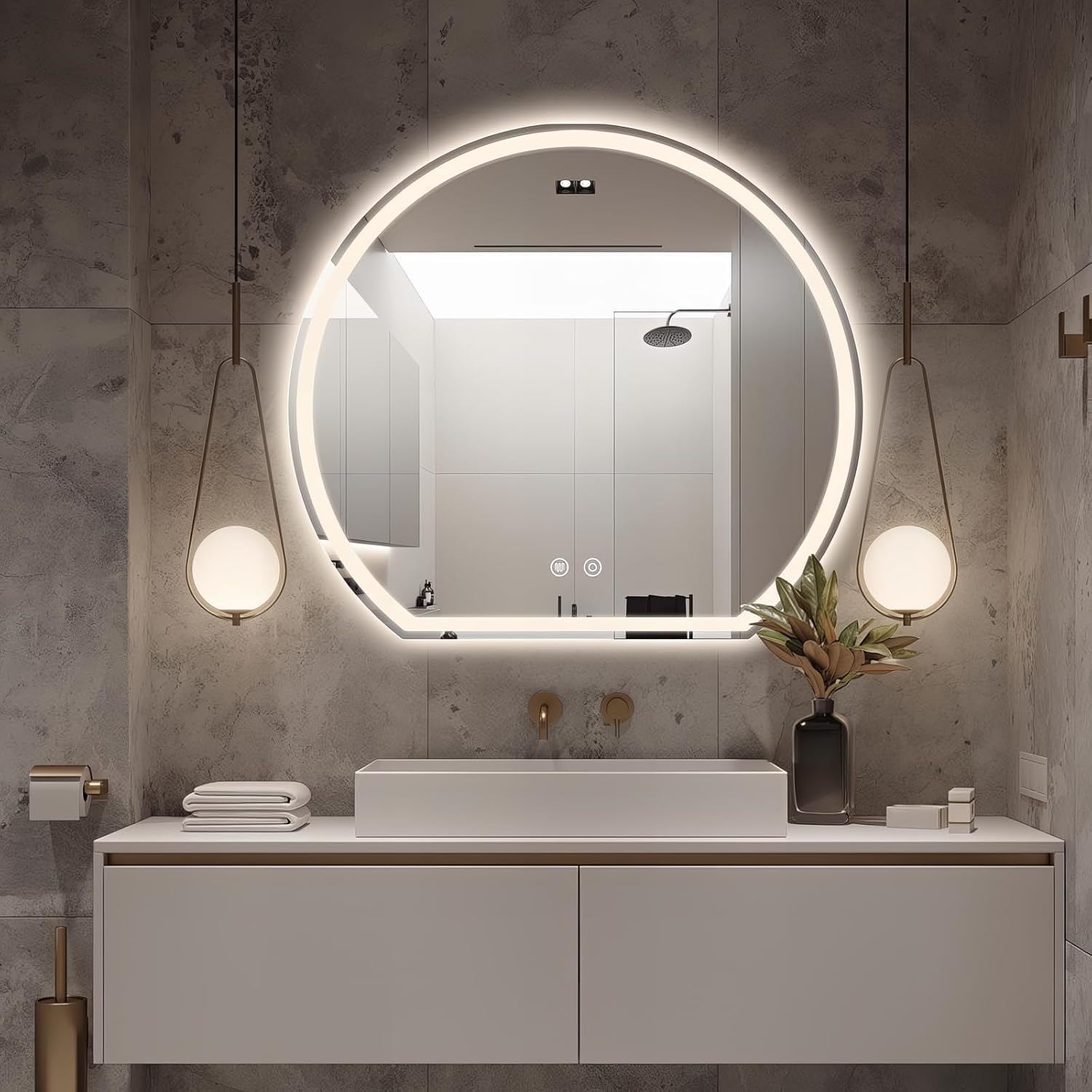 Niccy Half Moon Round LED Bathroom Mirror for Wall, Backlit/Front Lighted, 28" Irregular LED Mirror with Anti-Fog, Dimmable, Dimmable, Semi Circle Frameless Makeup Mirror for Bathroom, Explosion-Proof