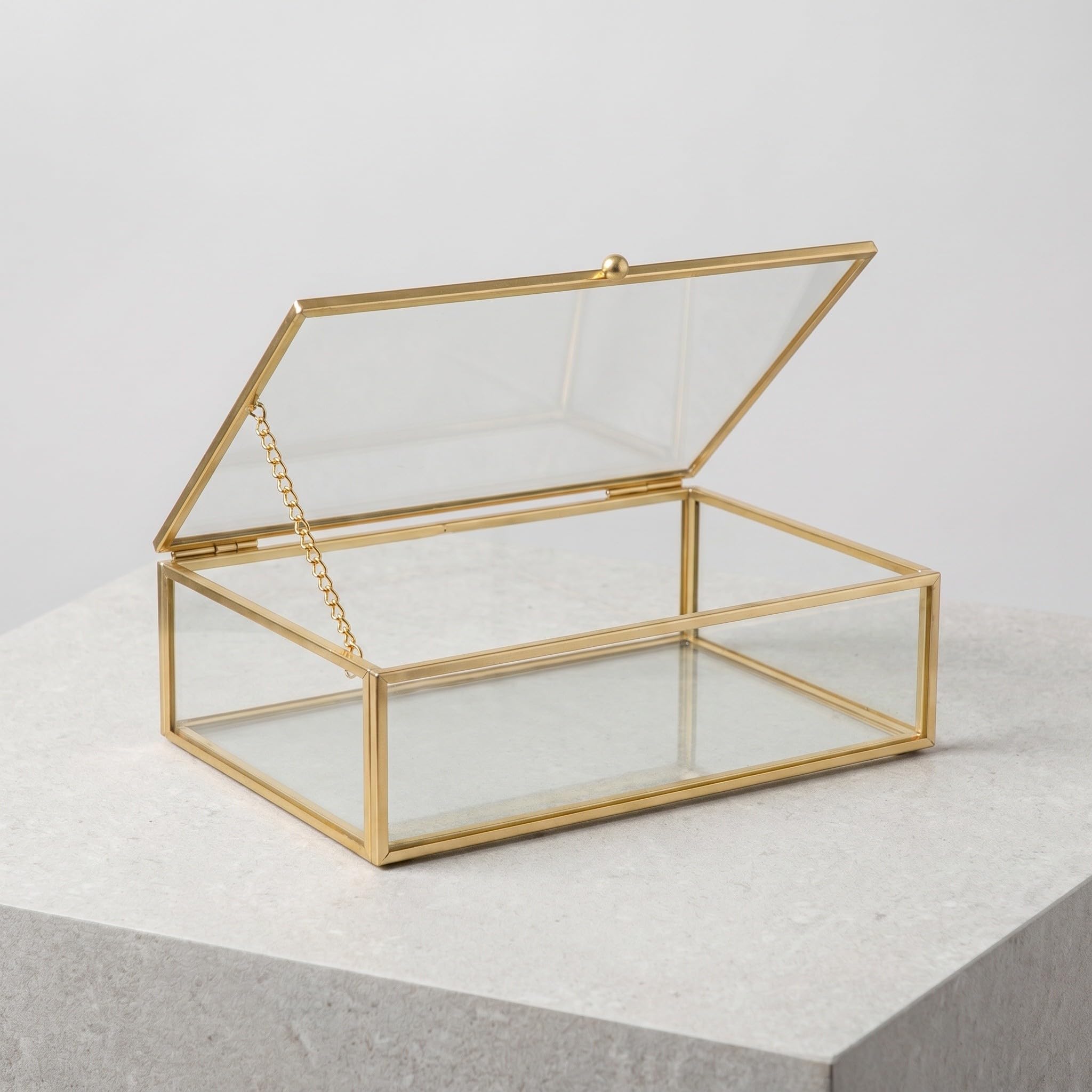 Lurrose Caja de cristal vintage para guardar recuerdos: Caja dorada para tarjetas con tapa abatible - Joyero de cristal para guardar tarjetas de boda, baratijas, fotos y más. 7,95 x 5,12 x 2,48