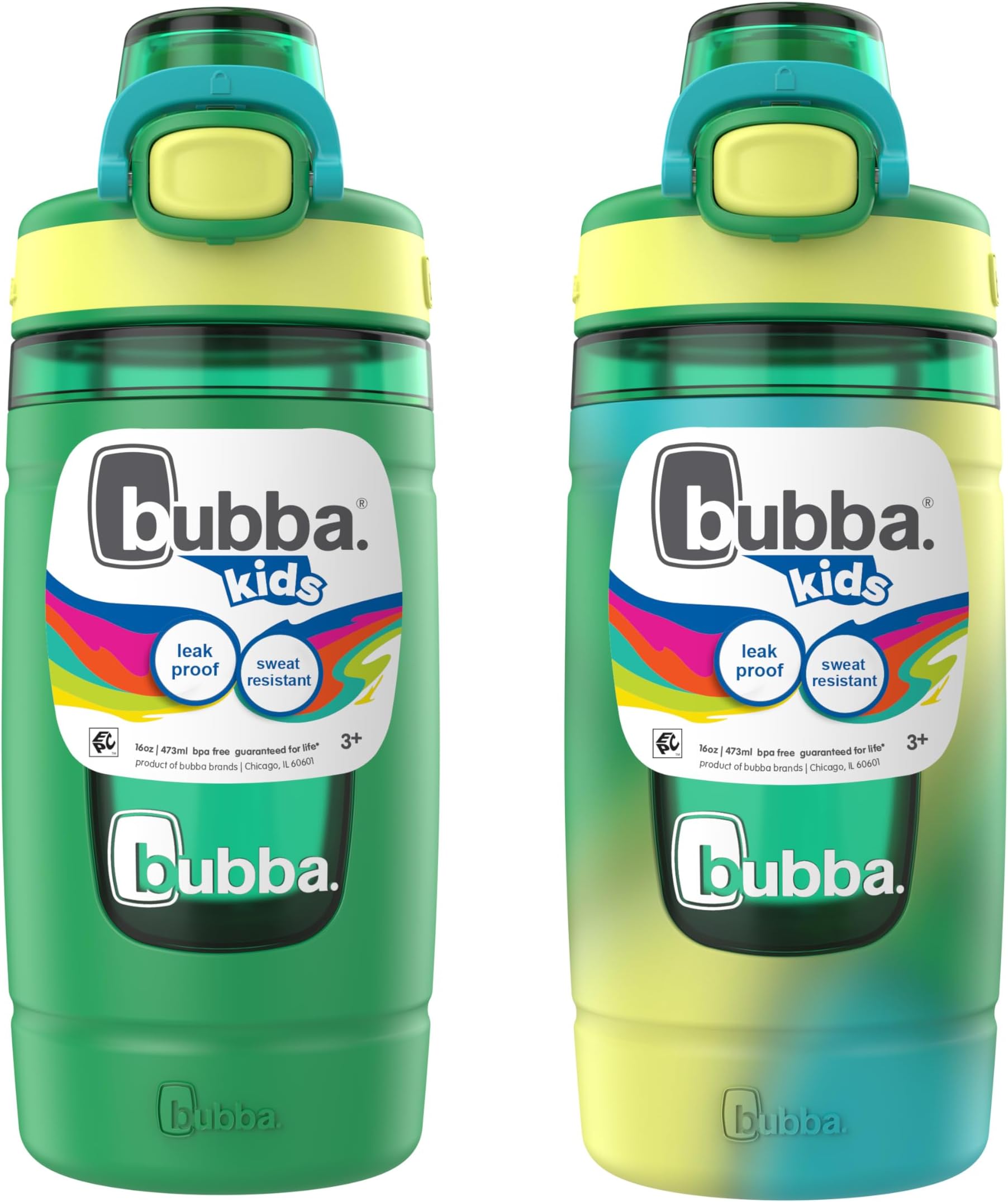 Bubba Kids Flo Silicone Sleeve and Wide Mouth, 16oz, 2-Pack Water Bottle, Medium, Multi