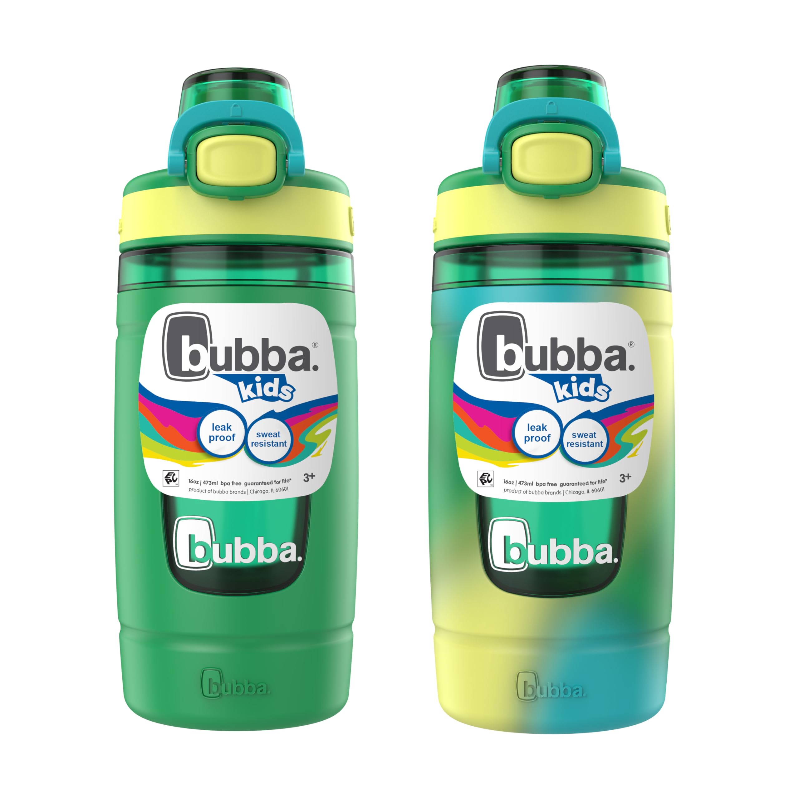 Bubba Kids Flo Silicone Sleeve and Wide Mouth, 16oz, 2-Pack Water Bottle, Medium, Multi